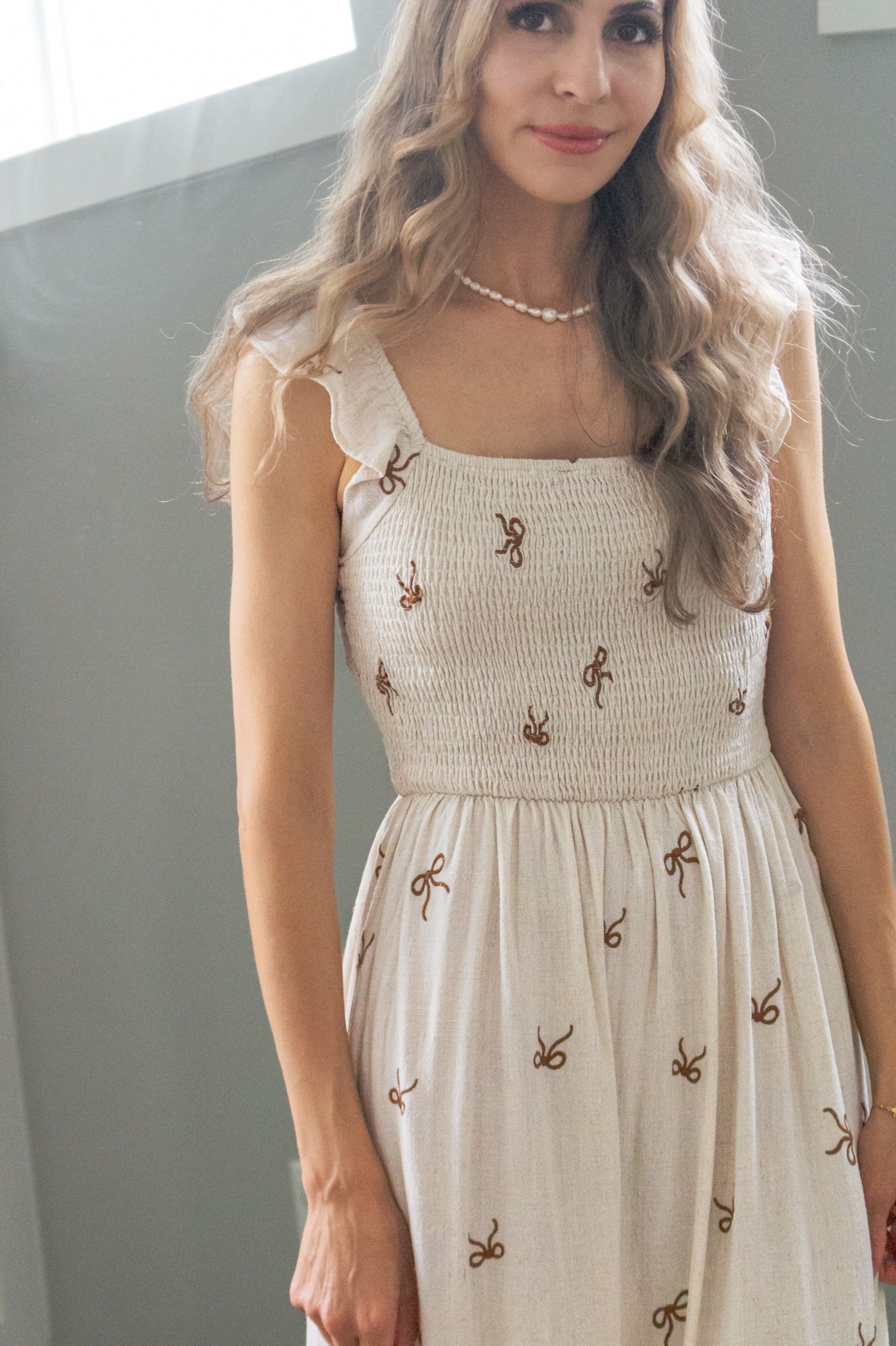 Secret Diary Linen Bow Midi Dress in Beige