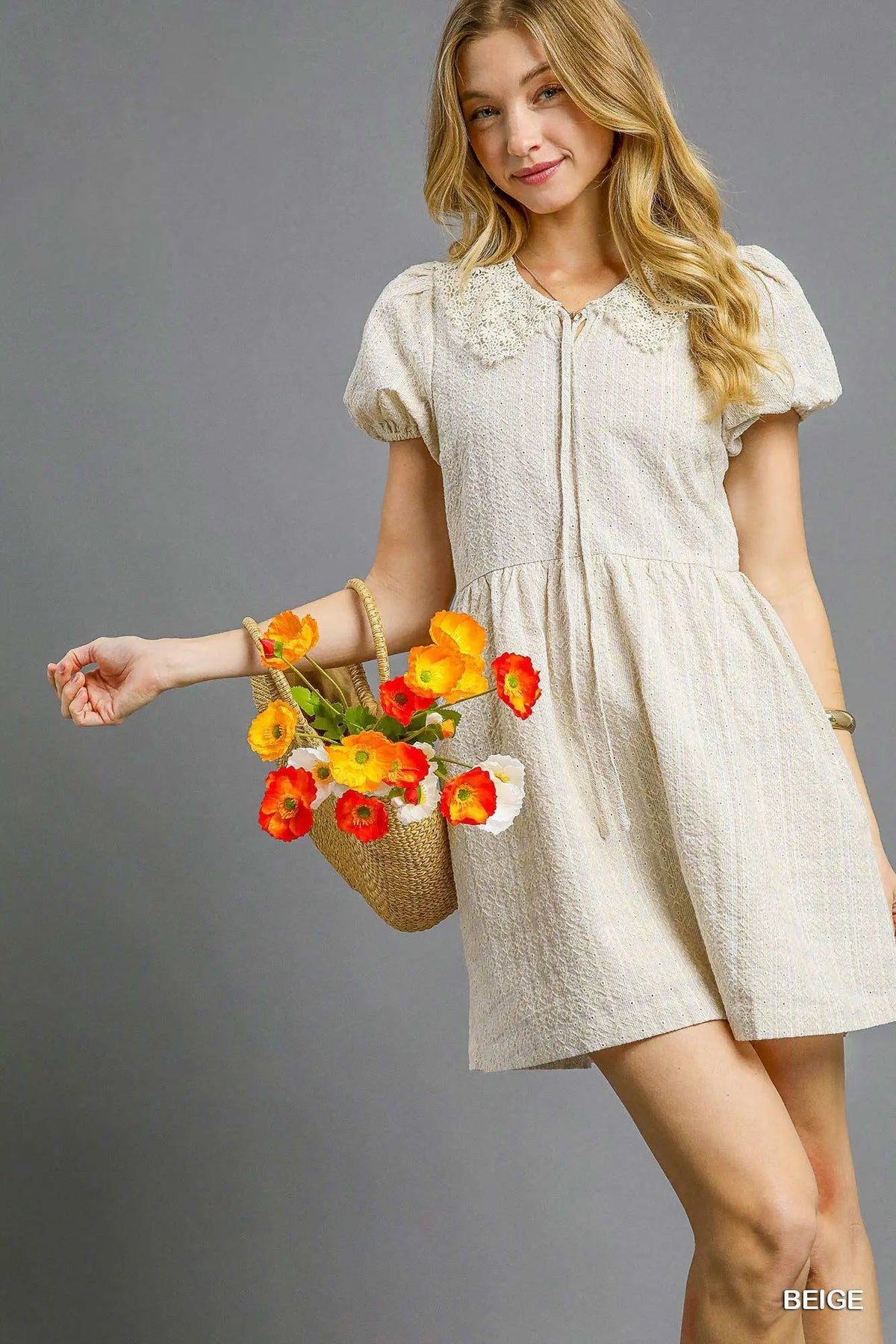 Lace Peter Pan Collar Mini Eyelet Dress in Vanilla Twilight