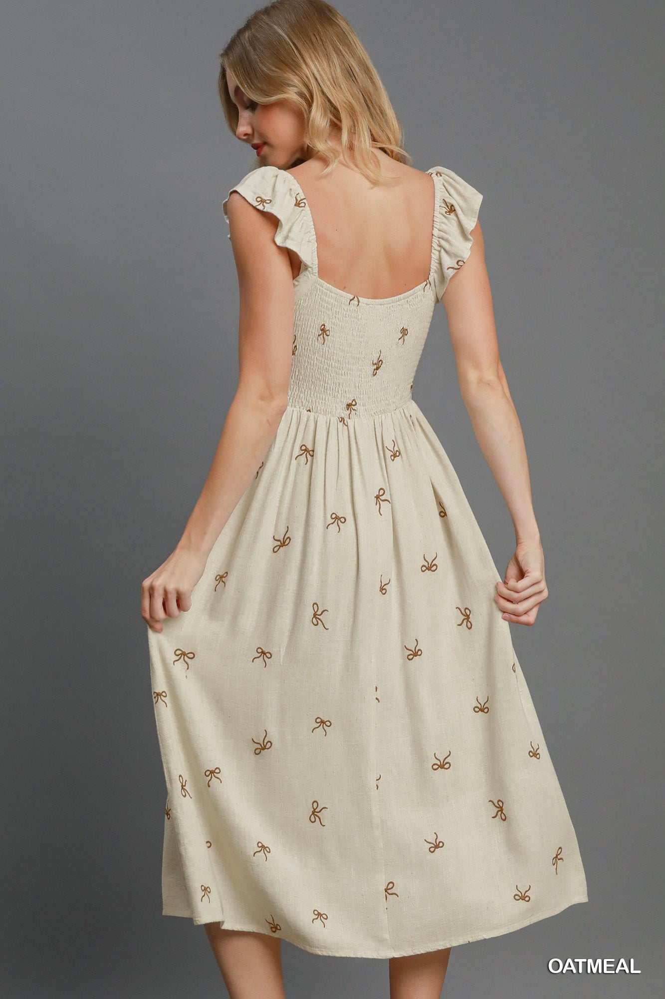 Cottage Cutie Linen Bow Midi Dress