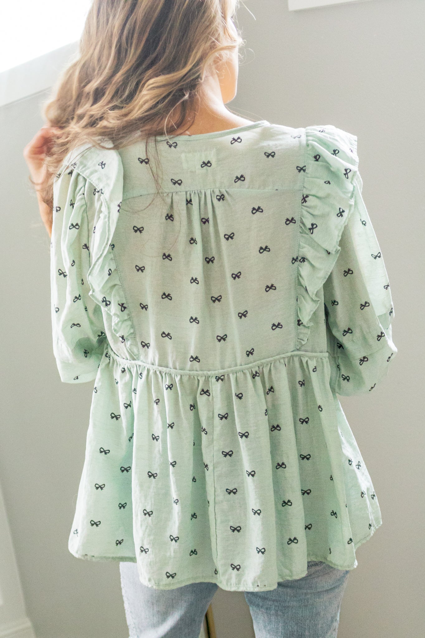 Tea For Two Babydoll Bow Blouse In Mint & Chip