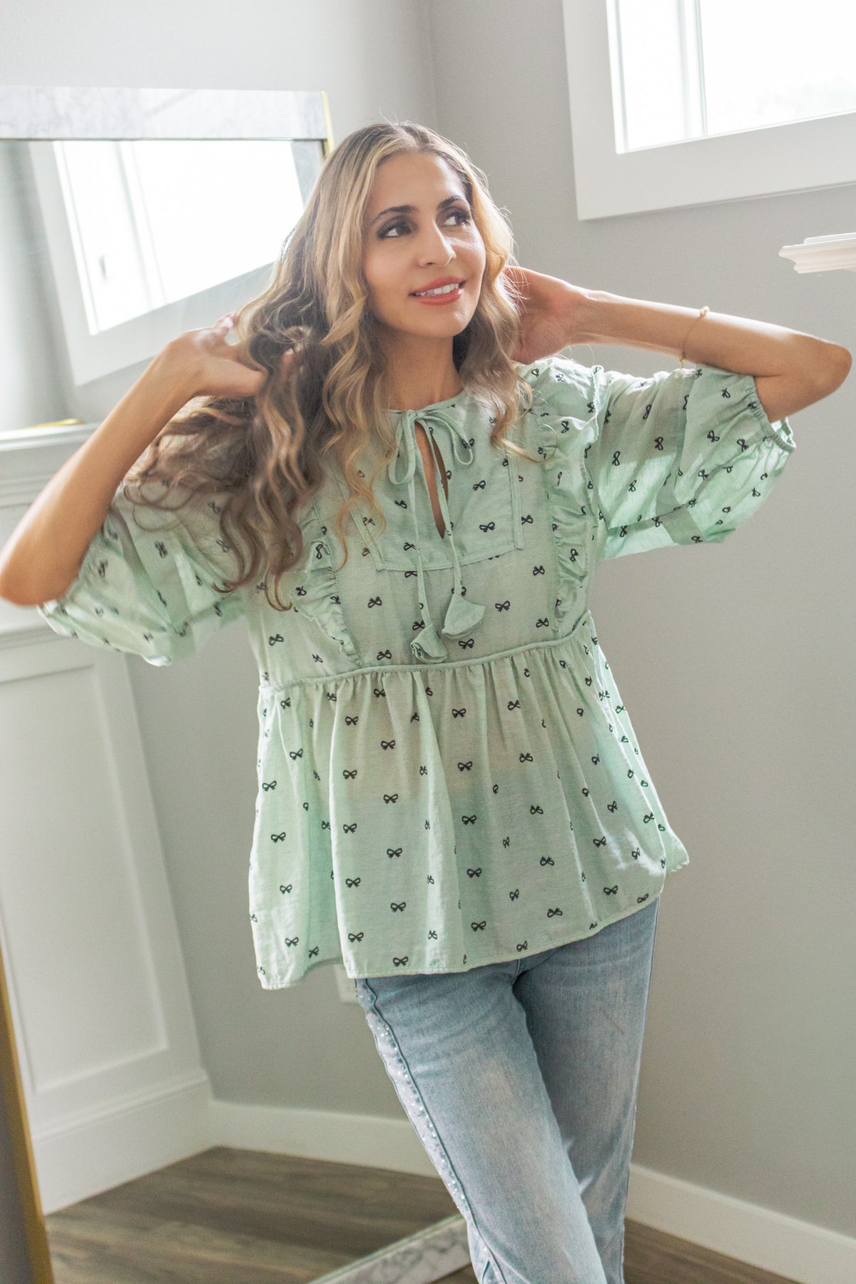 Tea For Two Babydoll Bow Blouse In Mint & Chip