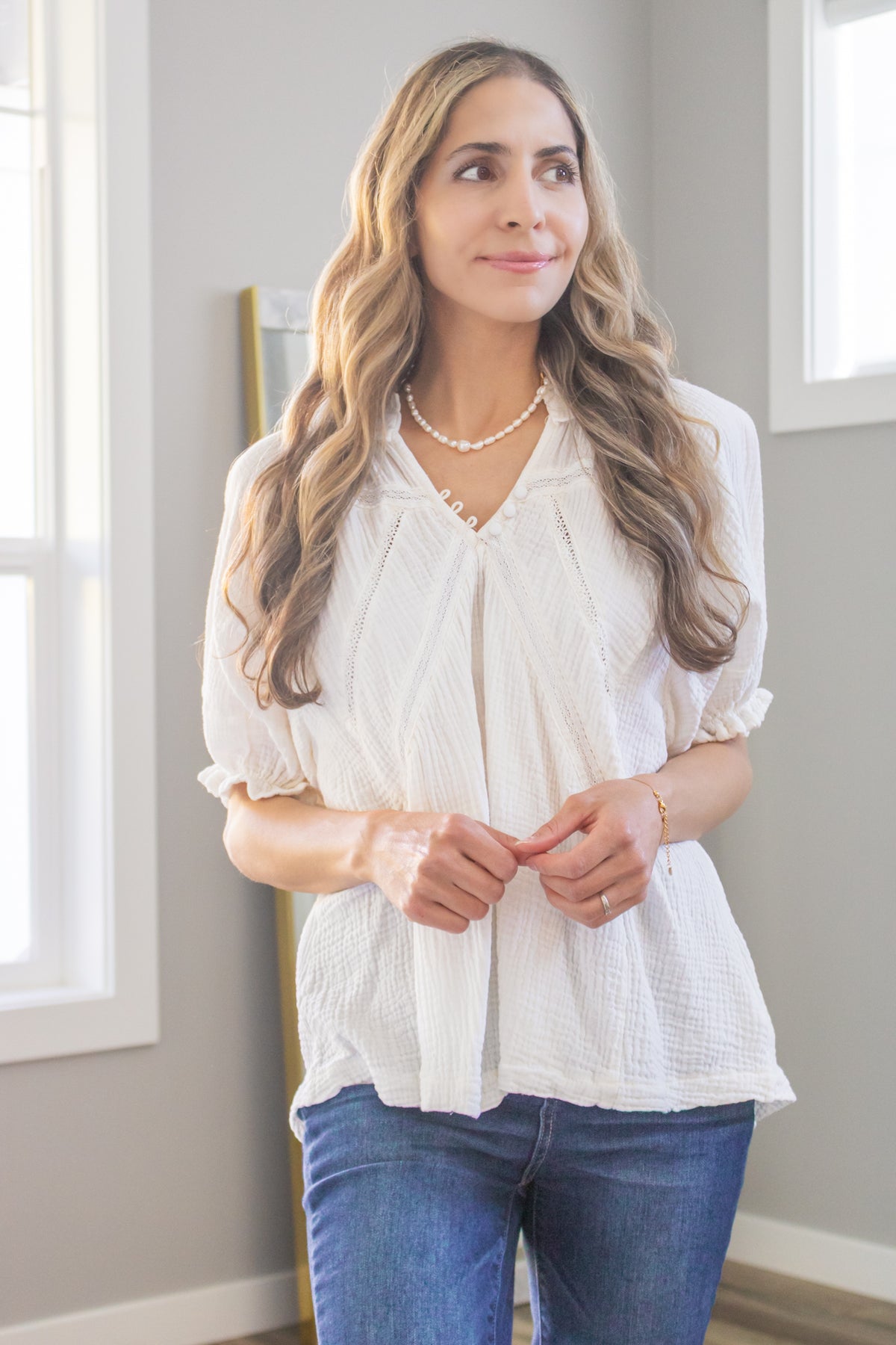 Sweet Cream Cotton Gauzy Puffy Sleeve Ruffle Top