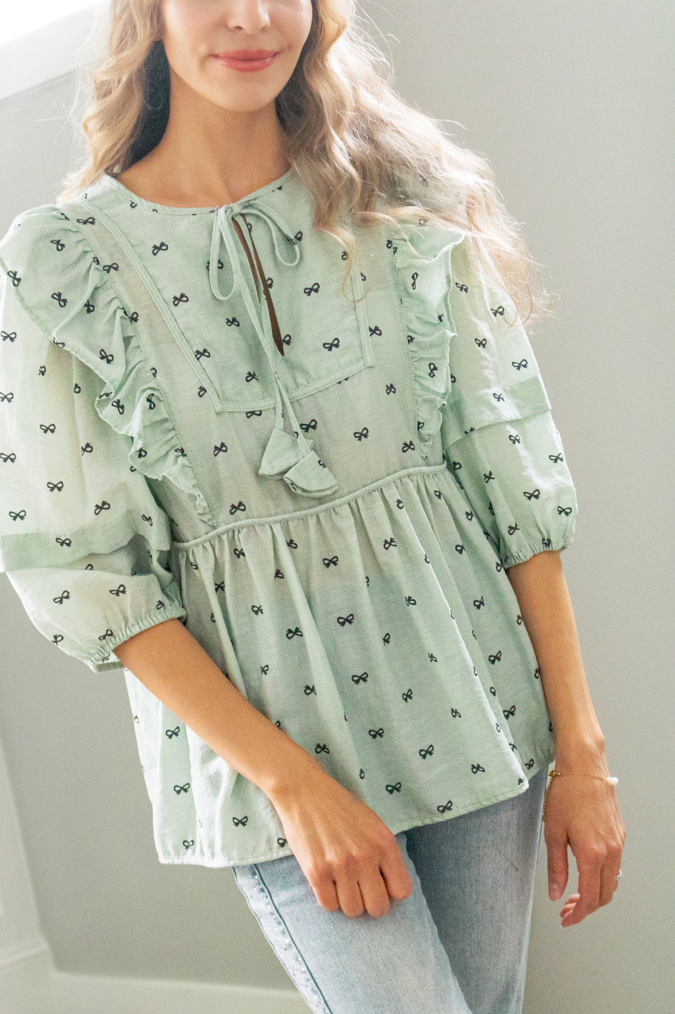 Tea For Two Babydoll Bow Blouse In Mint & Chip