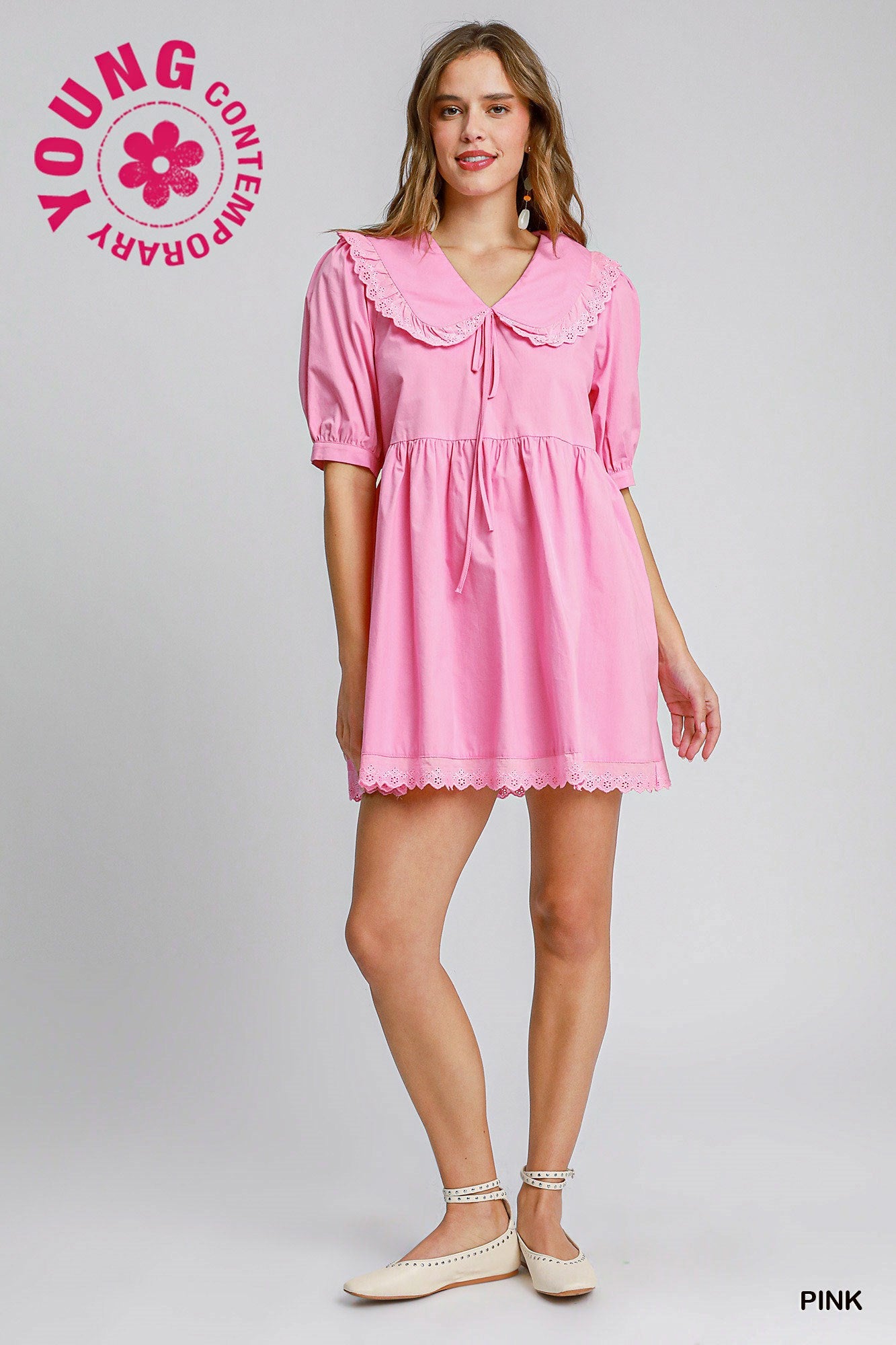Peter Pan Collar Cottage 100 Cotton Dress in Pink