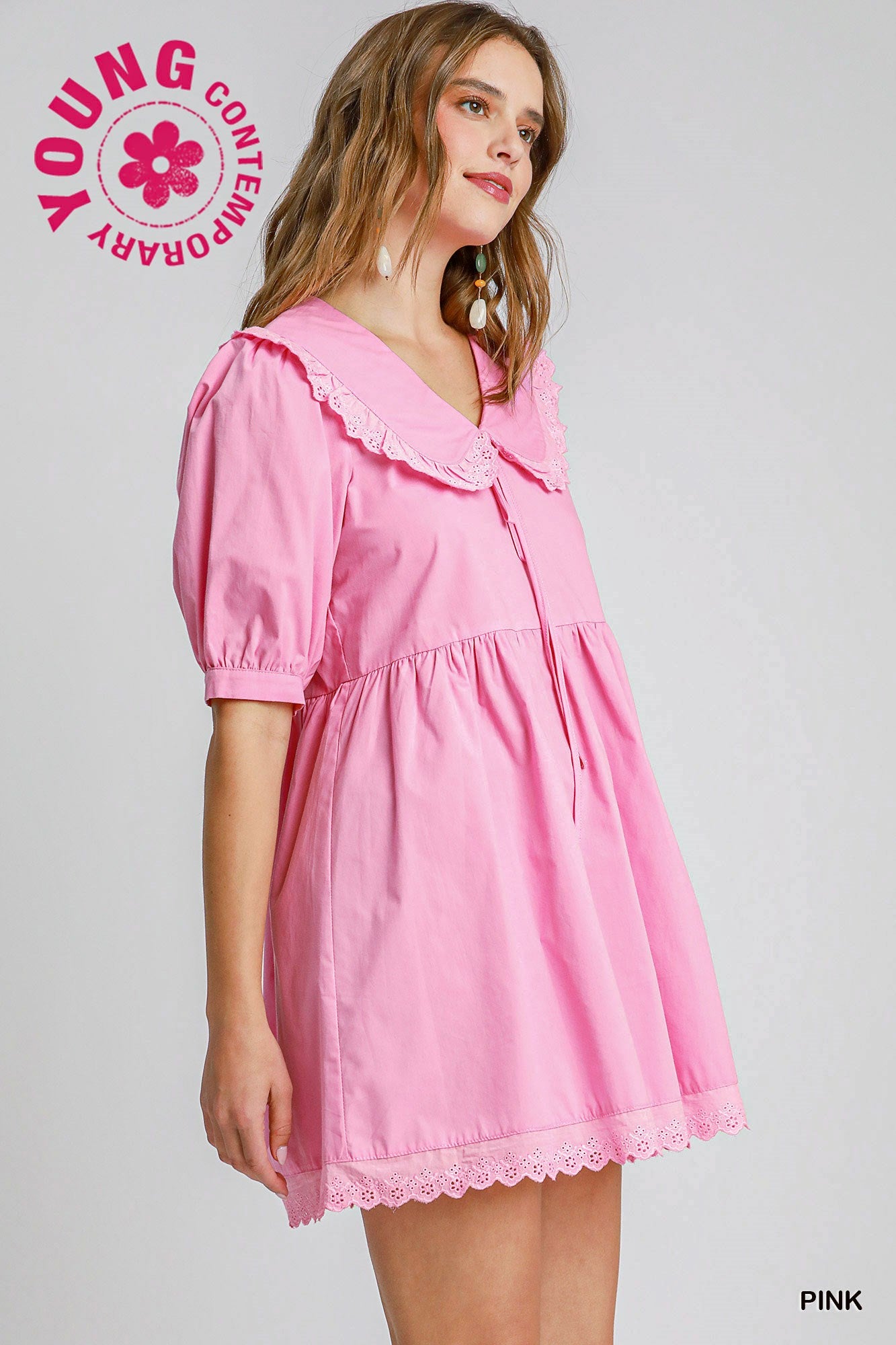 Peter Pan Collar Cottage 100 Cotton Dress in Pink