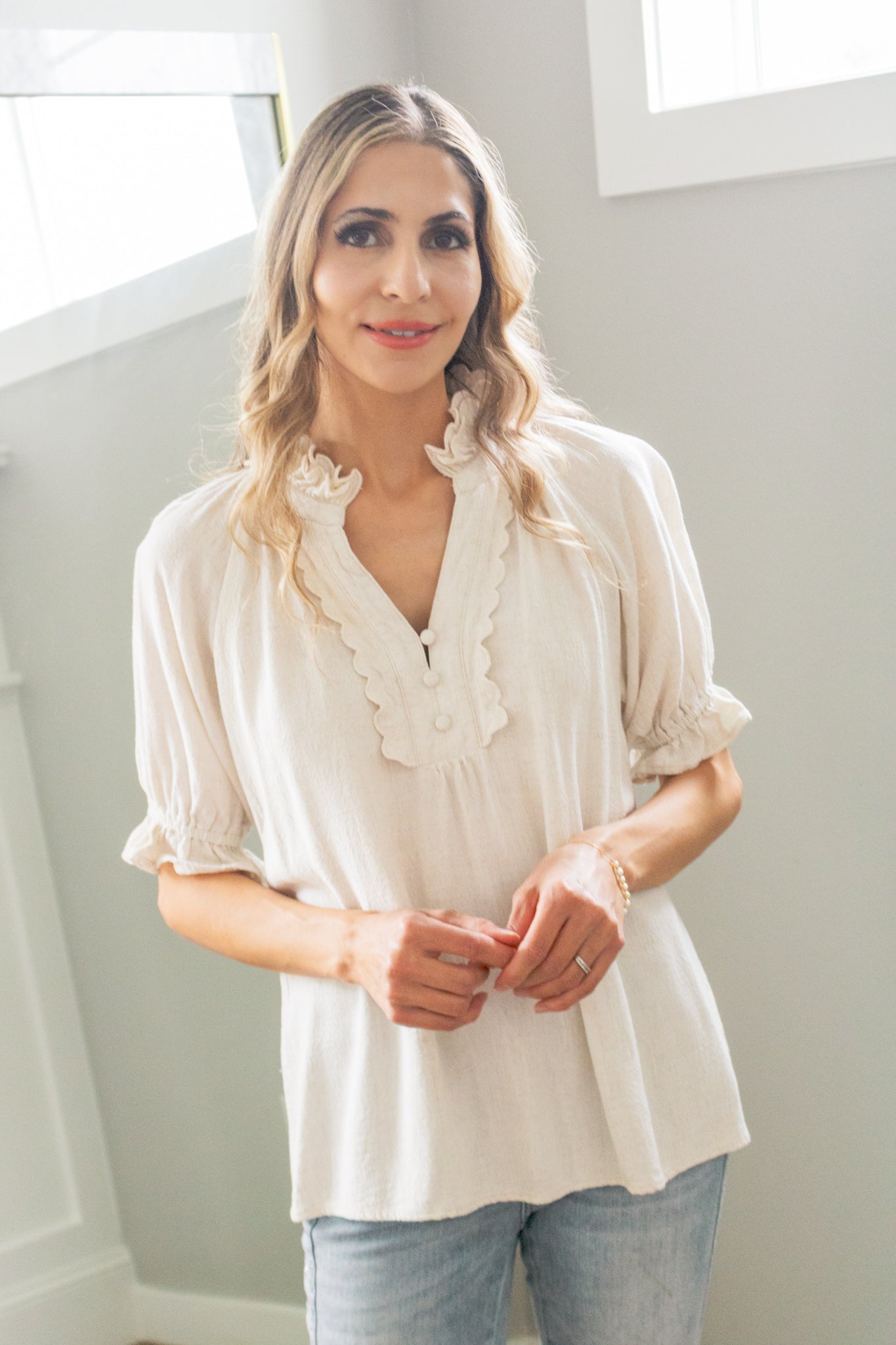 Heirloom Linen Scalloped Ruffle Blouse