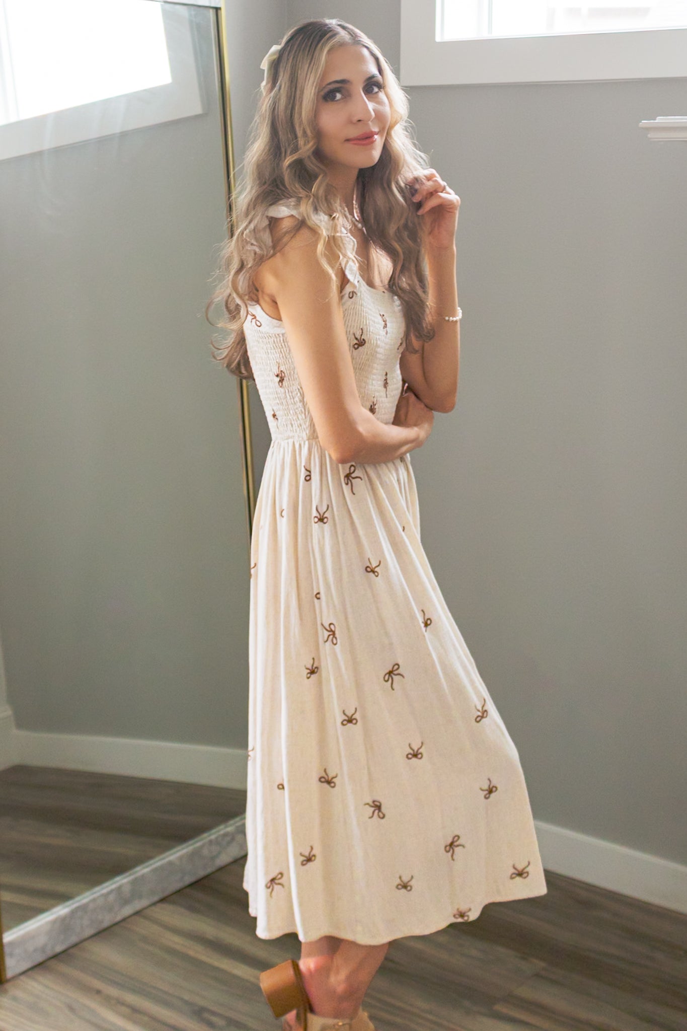 Secret Diary Linen Bow Midi Dress in Beige