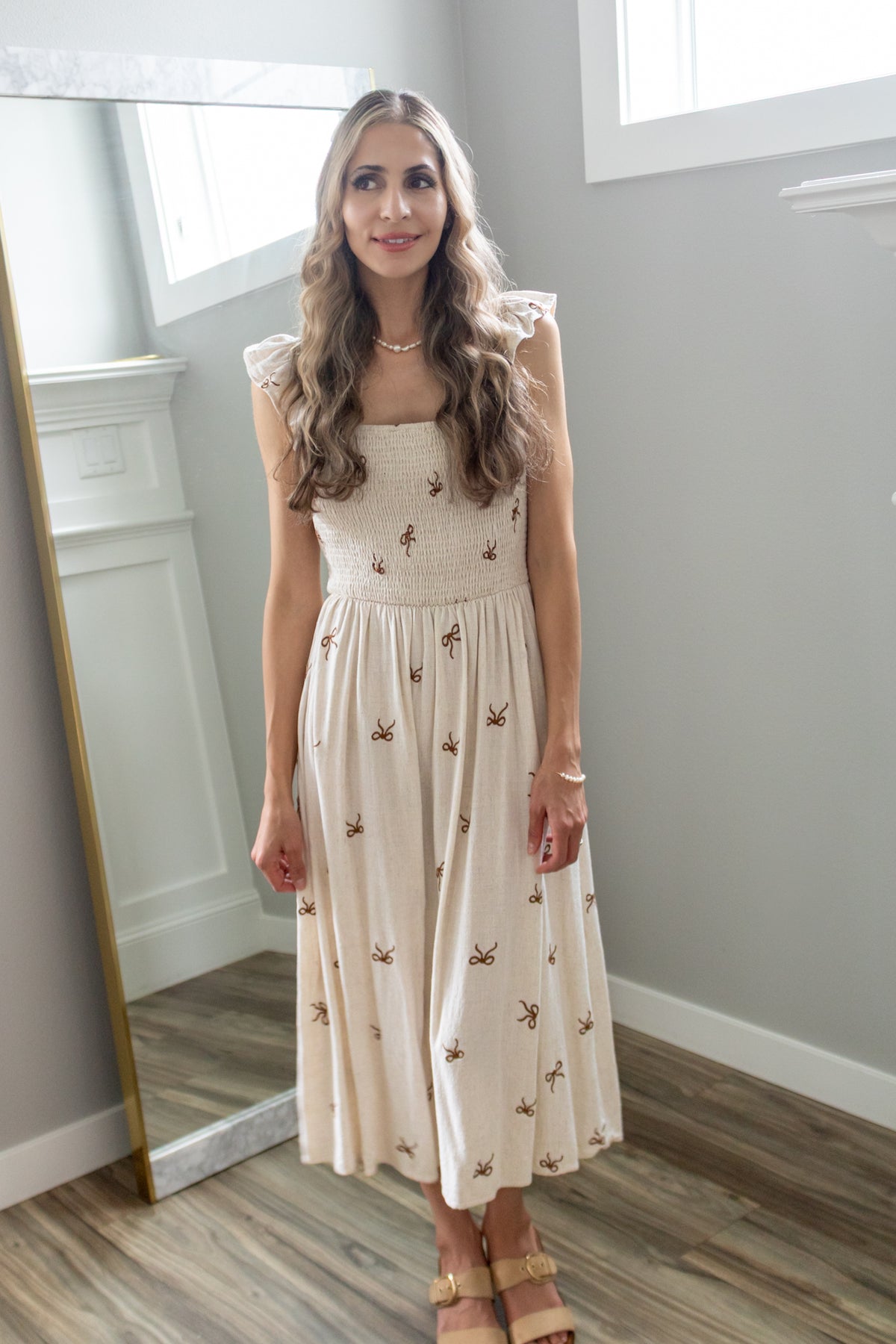 Secret Diary Linen Bow Midi Dress in Beige
