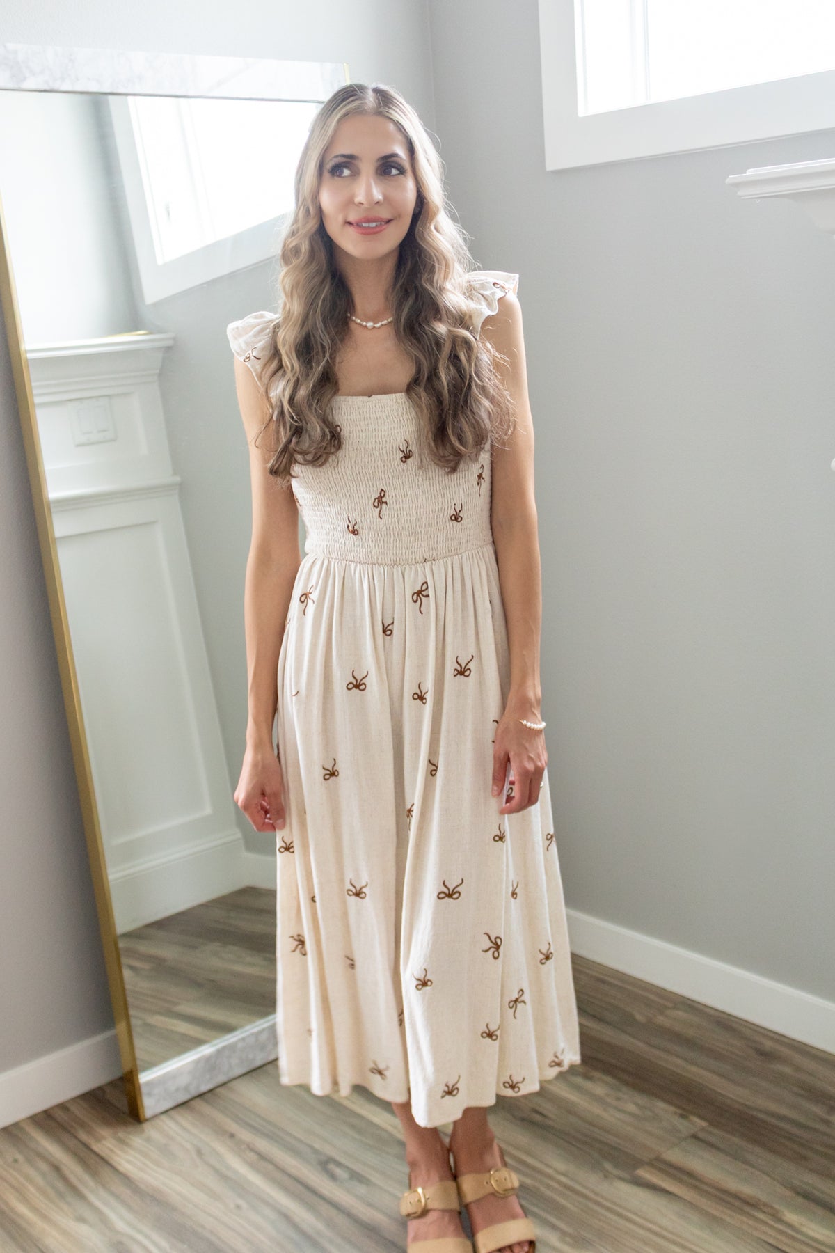 Secret Diary Linen Bow Midi Dress in Beige