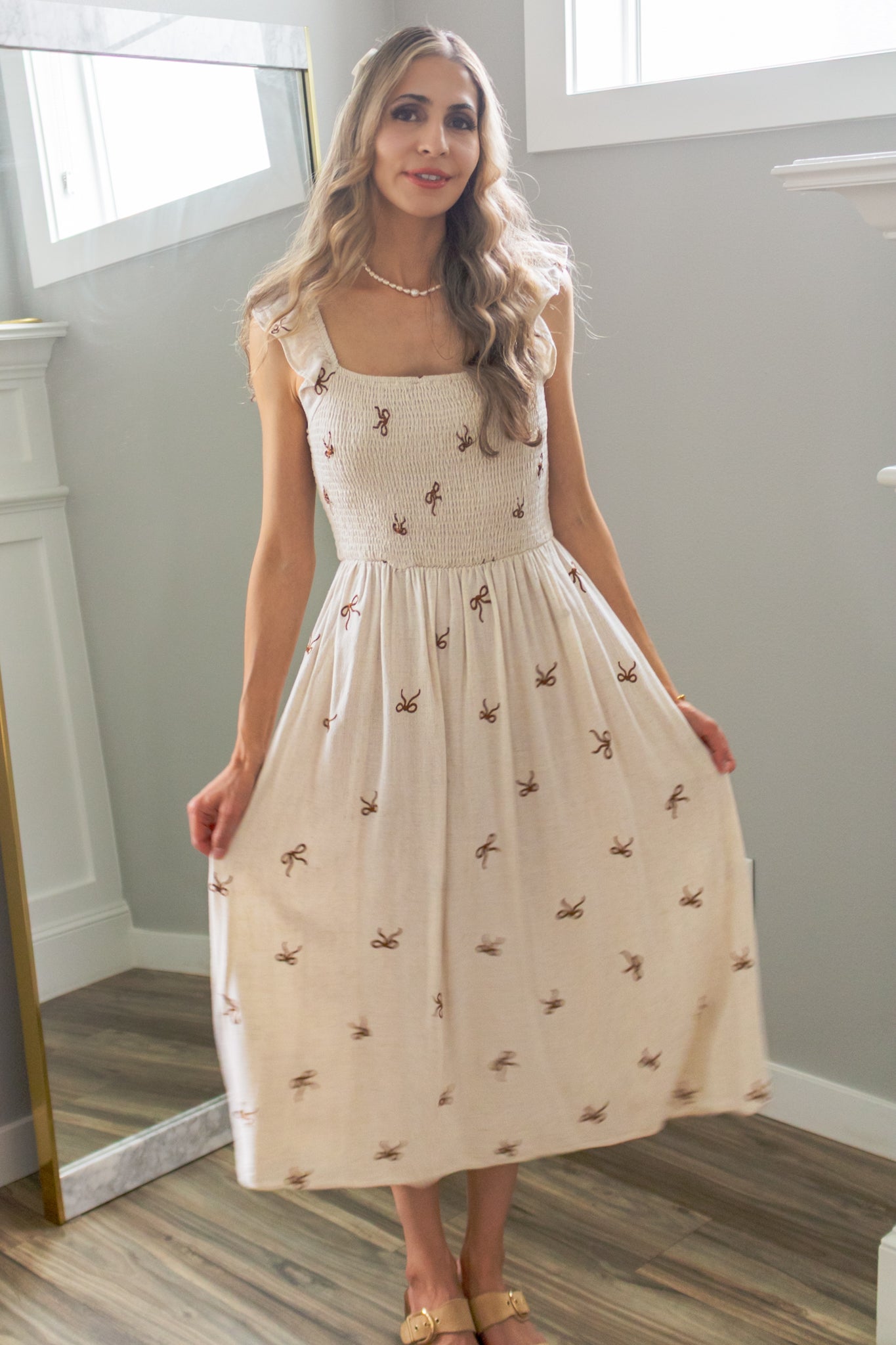 Secret Diary Linen Bow Midi Dress in Beige