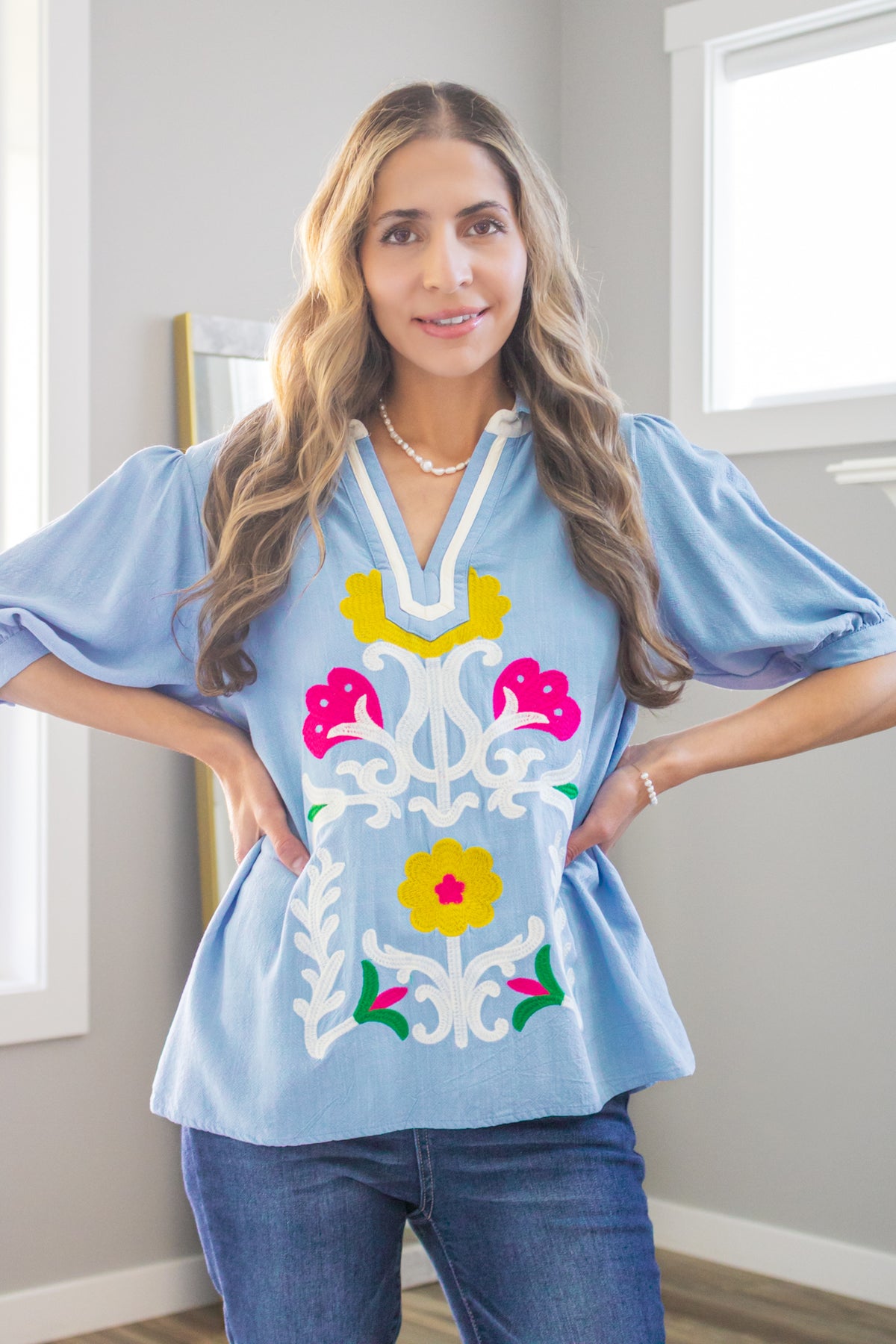 Watering The Garden Linen Blouse in Periwinkle
