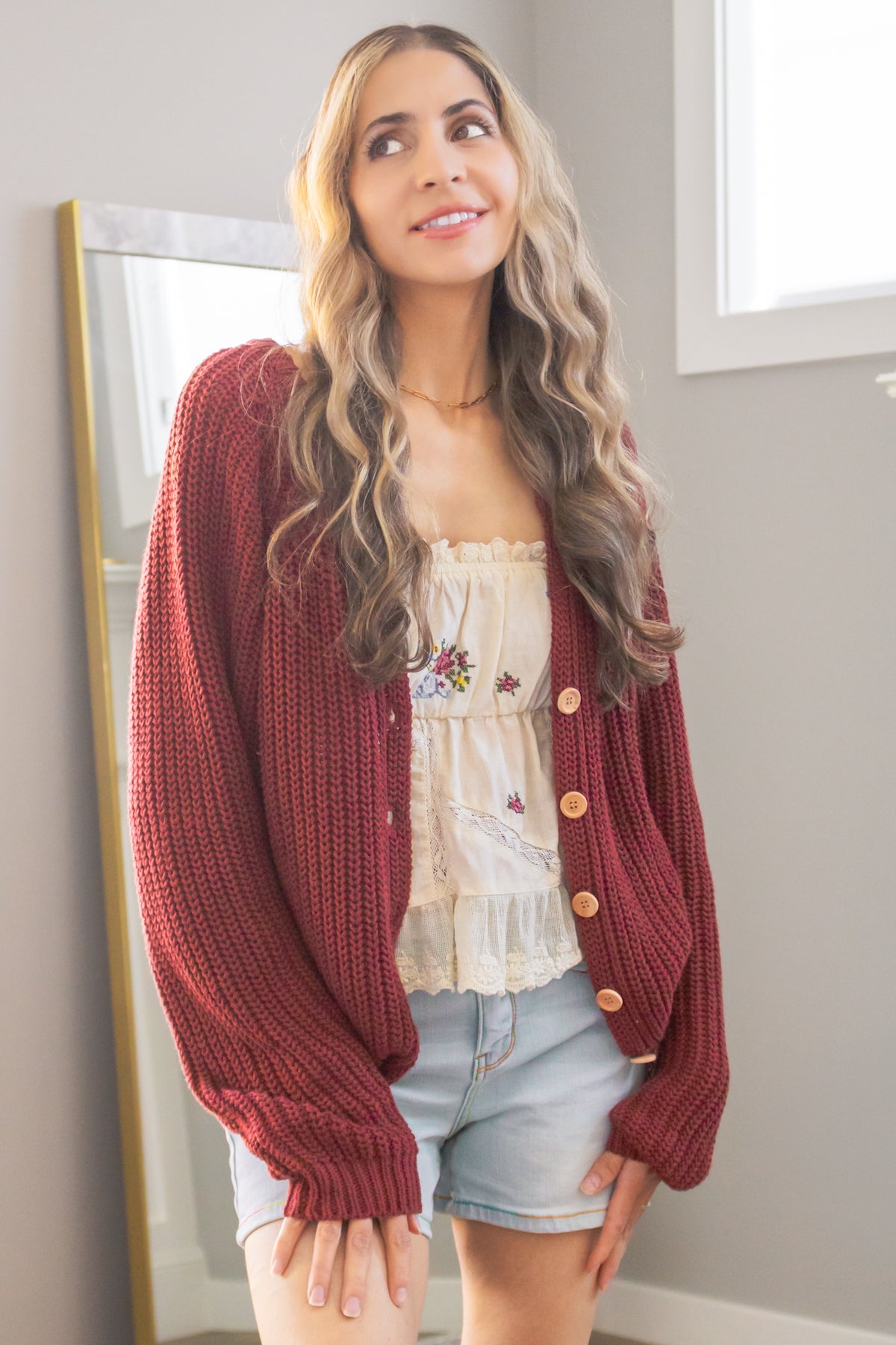 Autumn Harvest Chunky Knit Cotton Cardigan in Wine