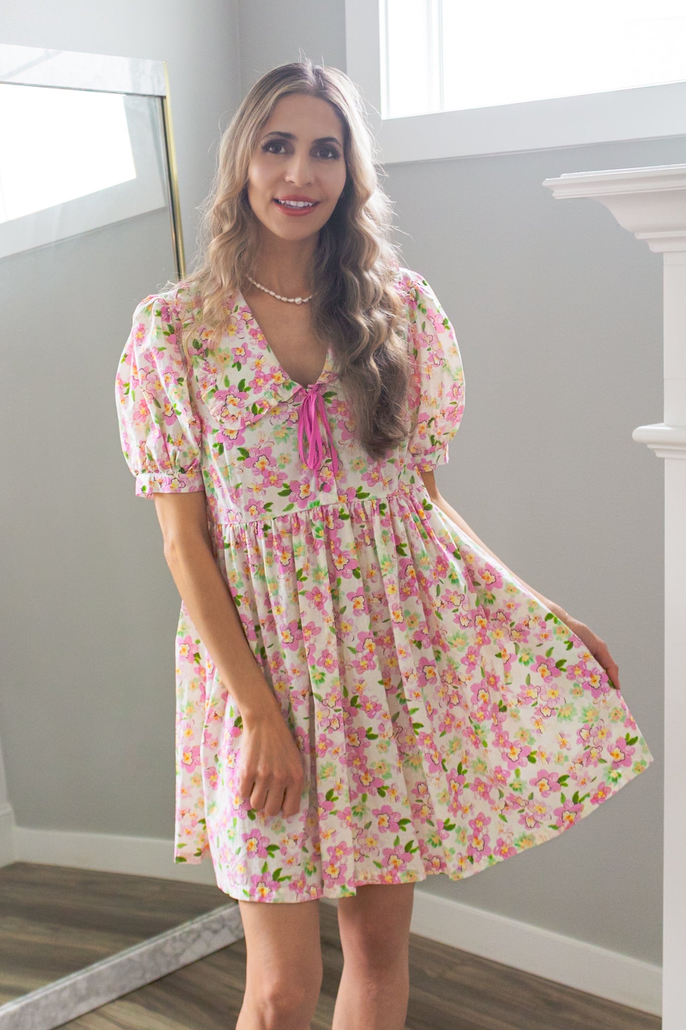 Cherry Blossom Peter Pan Collar Cotton Dress in Blush