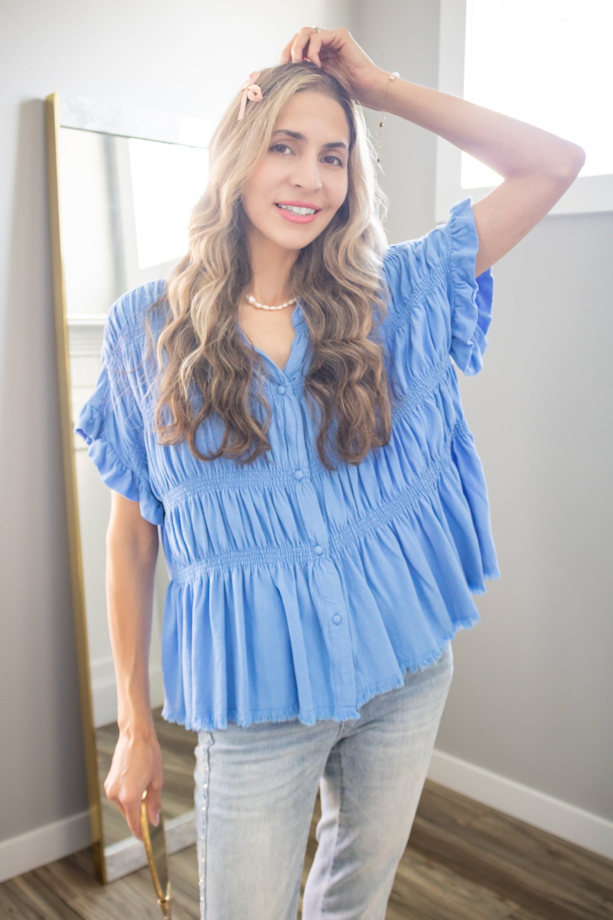 Petunia Washed Linen Smocked Babydoll Top