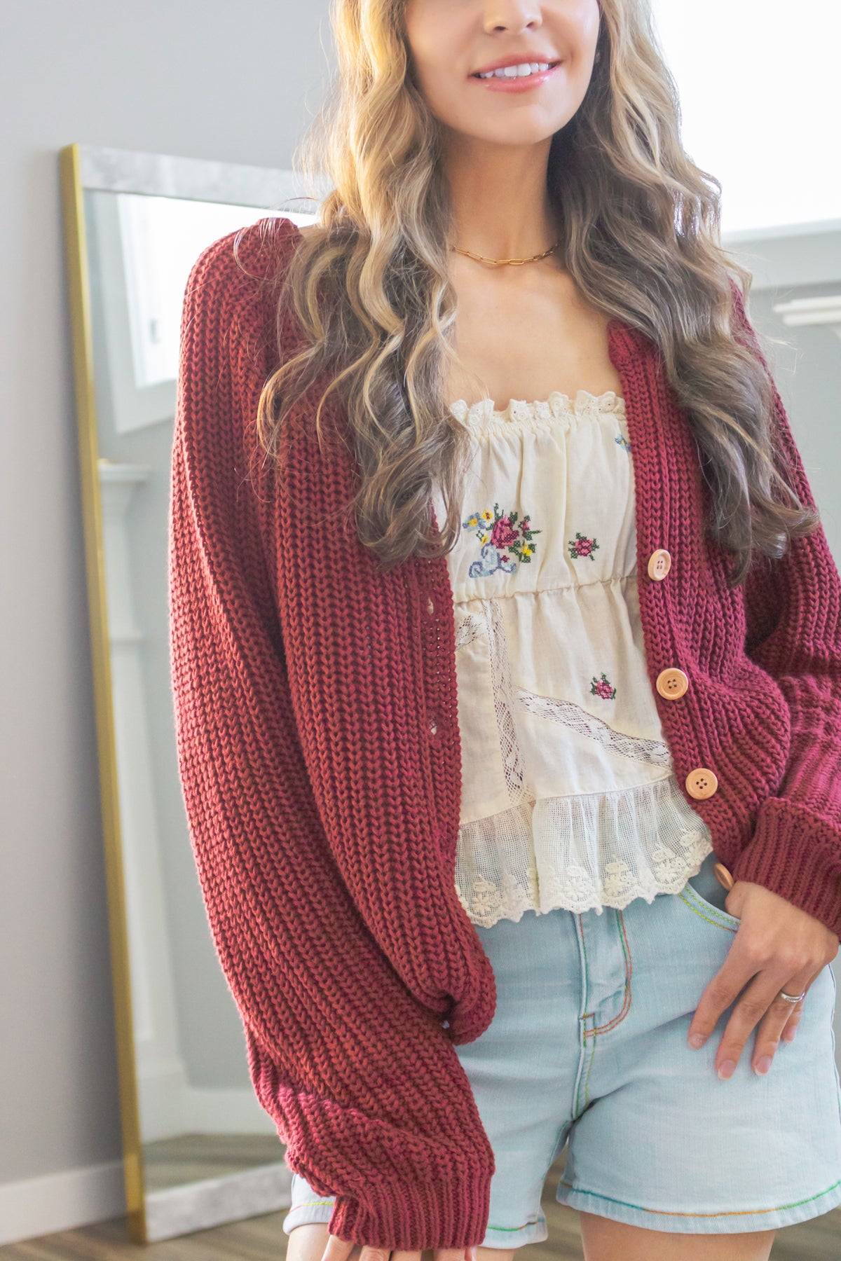 Autumn Harvest Chunky Knit Cotton Cardigan in Wine