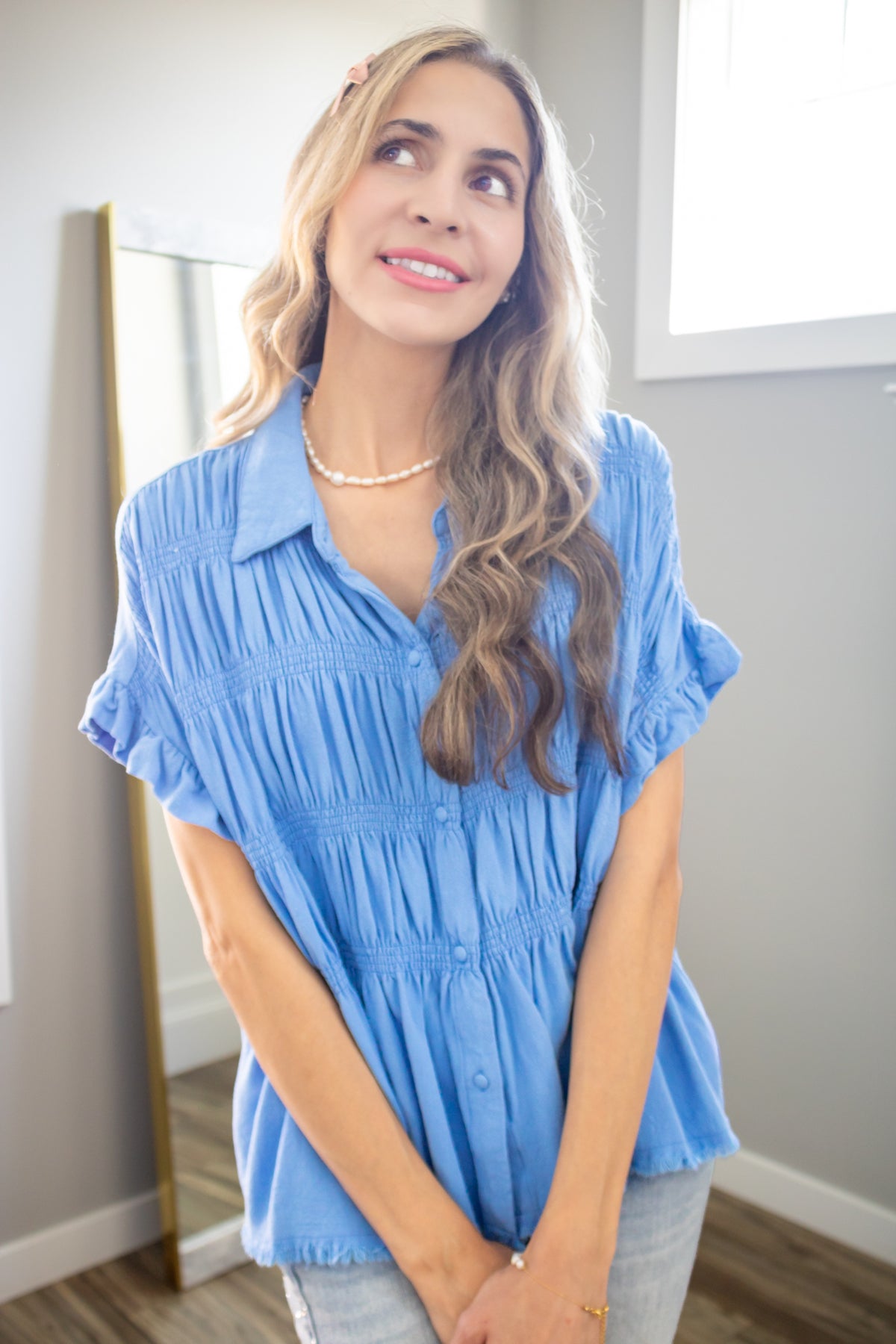 Petunia Washed Linen Smocked Babydoll Top