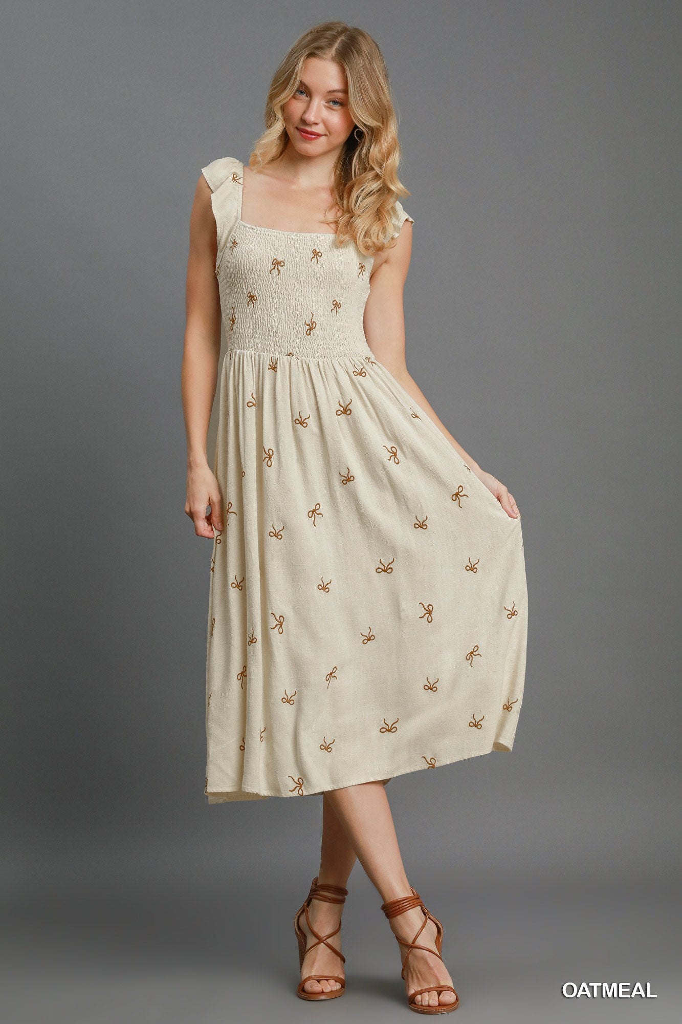knee length dresses for ladies Cottage Cutie Linen Bow Midi Dress Medium