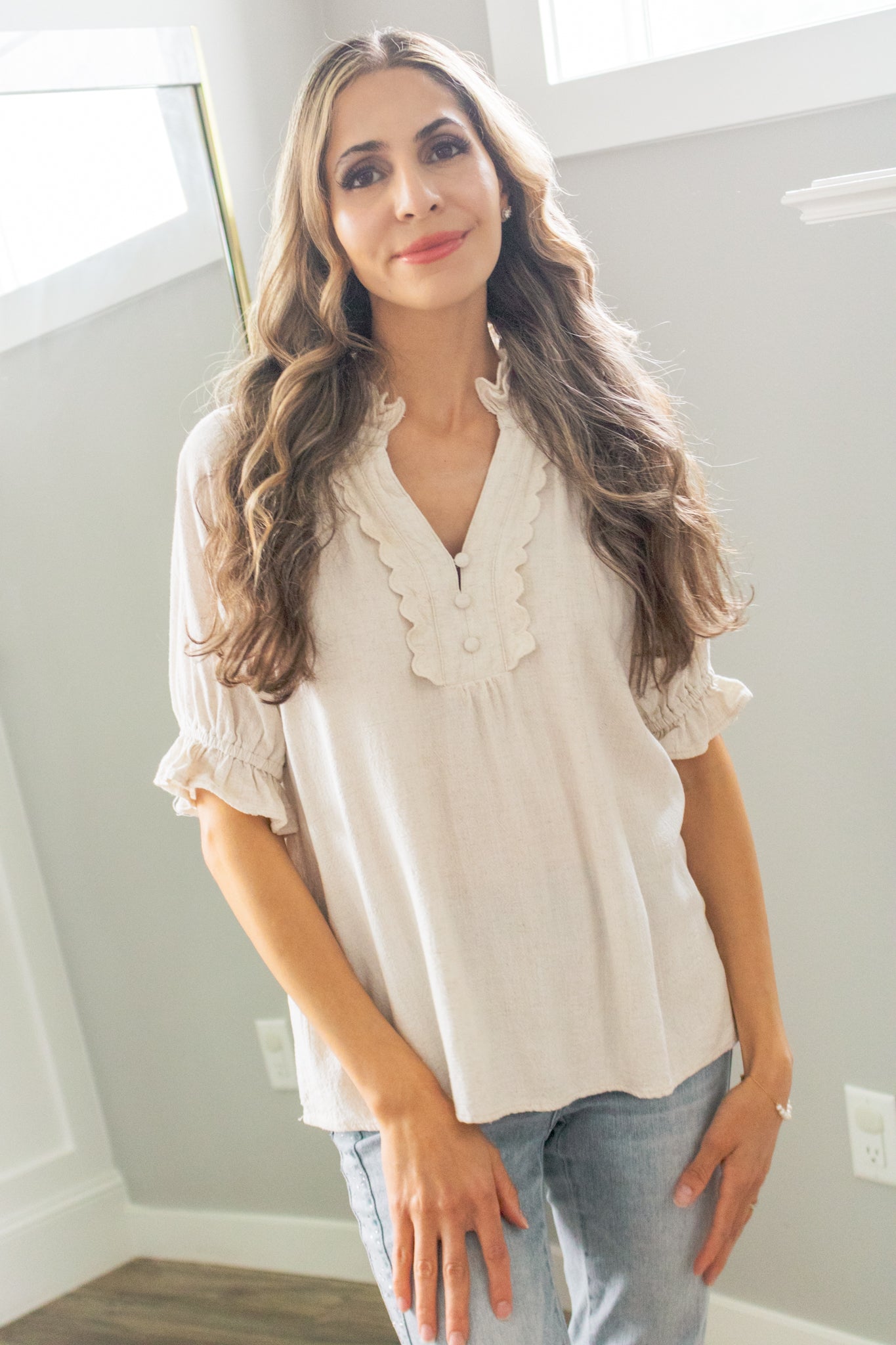 Heirloom Linen Scalloped Ruffle Blouse