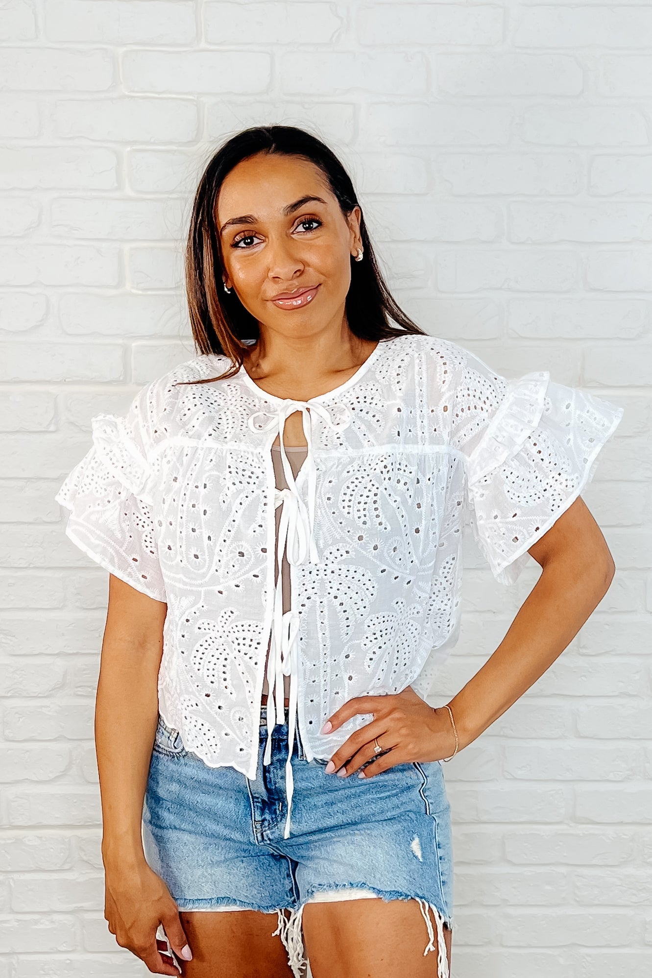 Classy Eyelet 100 Cotton Front Tie Top in Off White