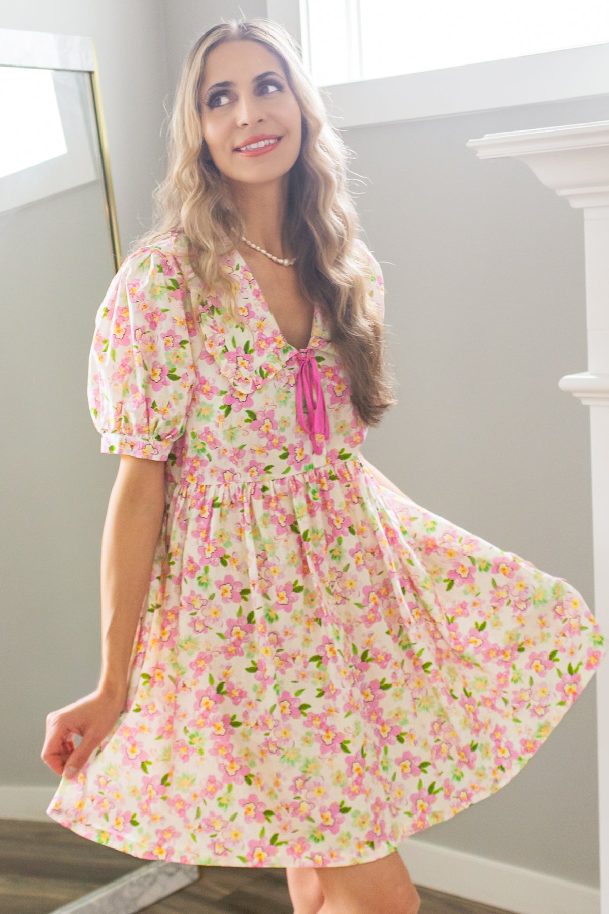 Cherry Blossom Peter Pan Collar Cotton Dress in Blush