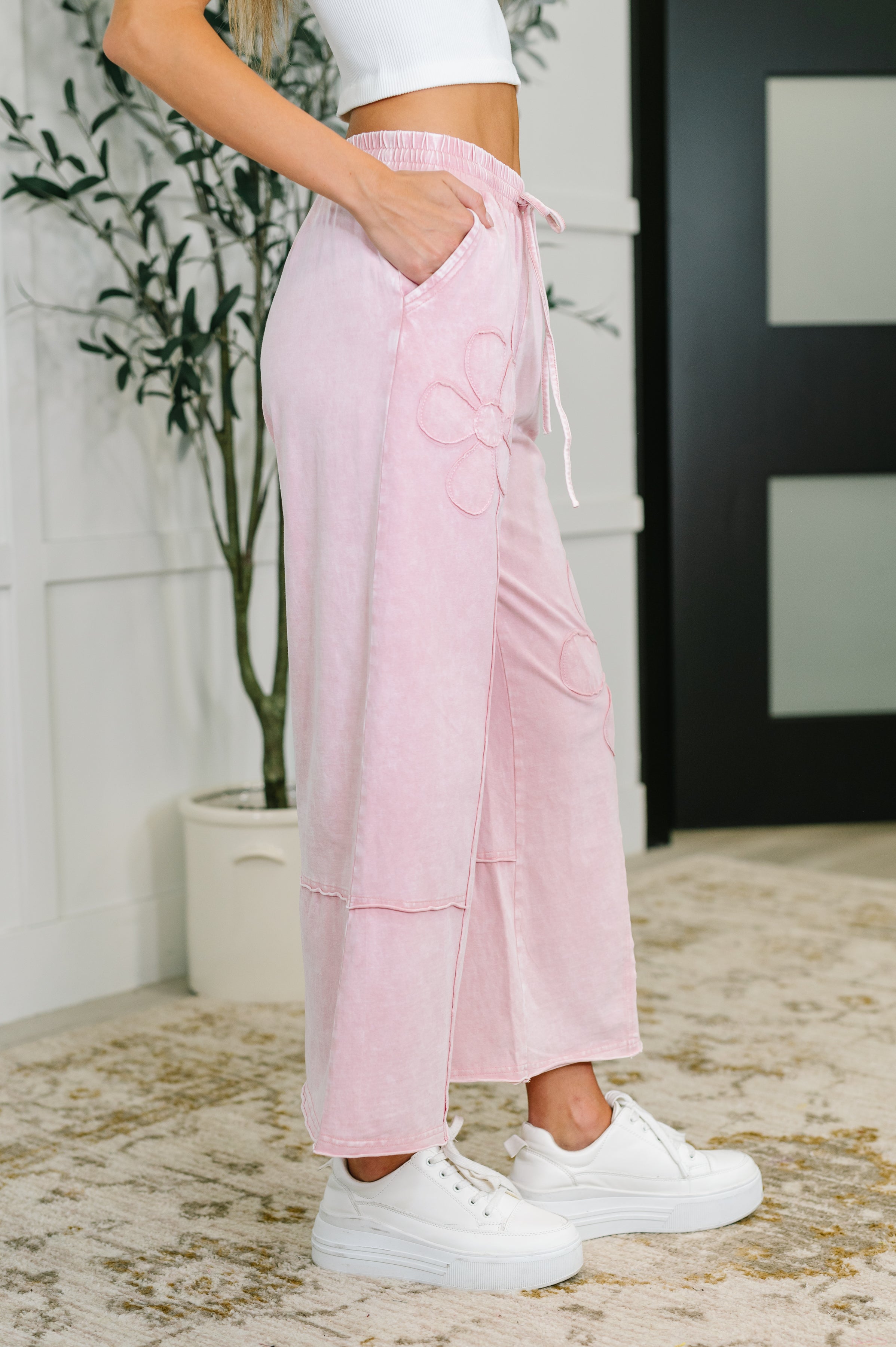 PREORDER: Flower Applique Cropped Flare Bottoms in Light Pink 100 Cotton