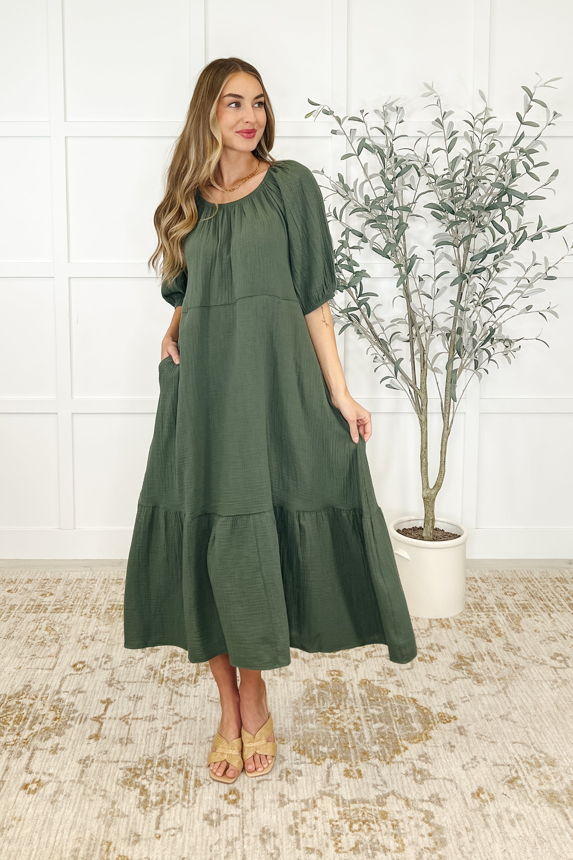 Hazel 100 Cotton Dress in Dusty Pine