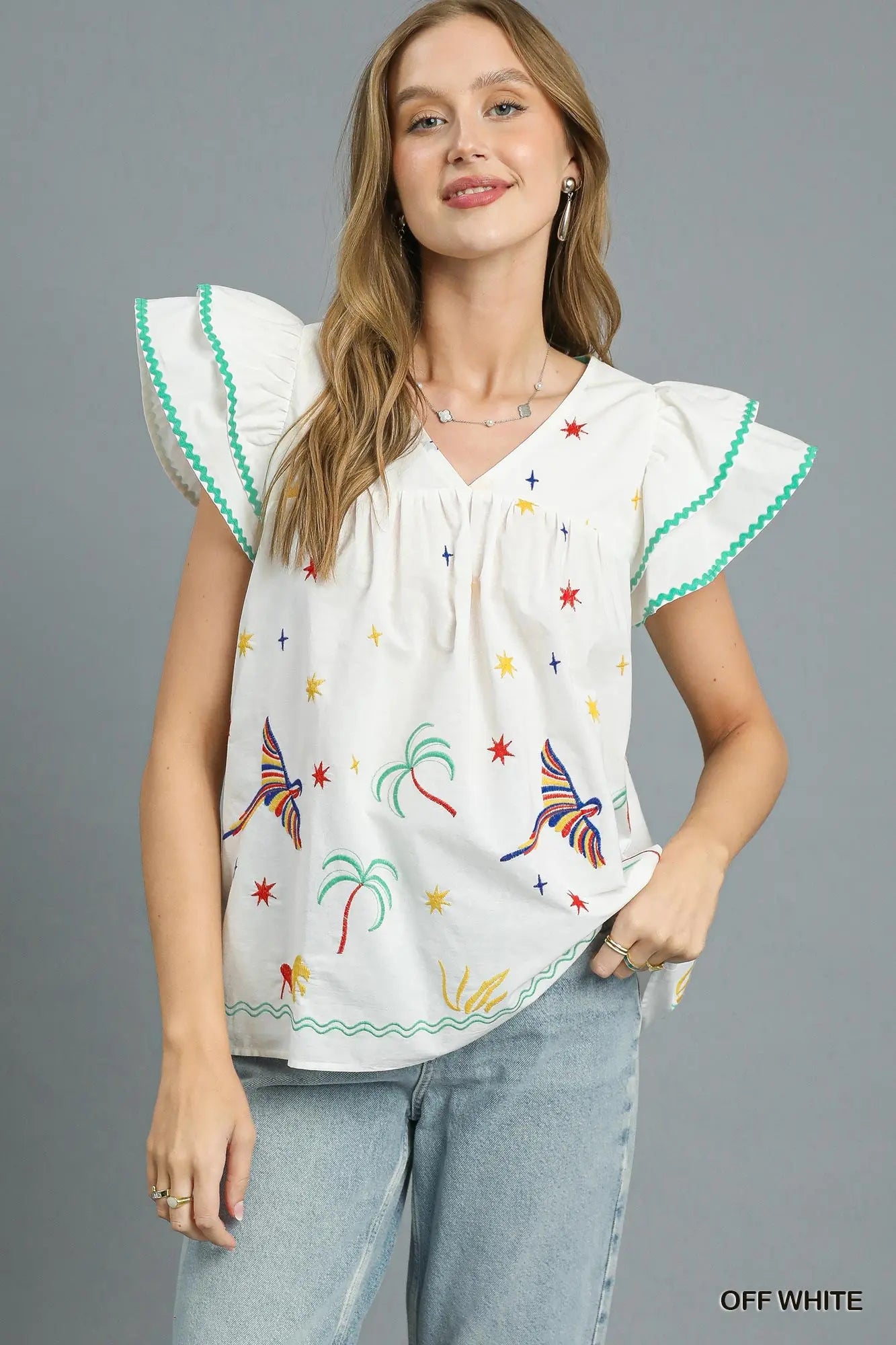 Tropical Embroidered Flutter Cotton Top *preorder*