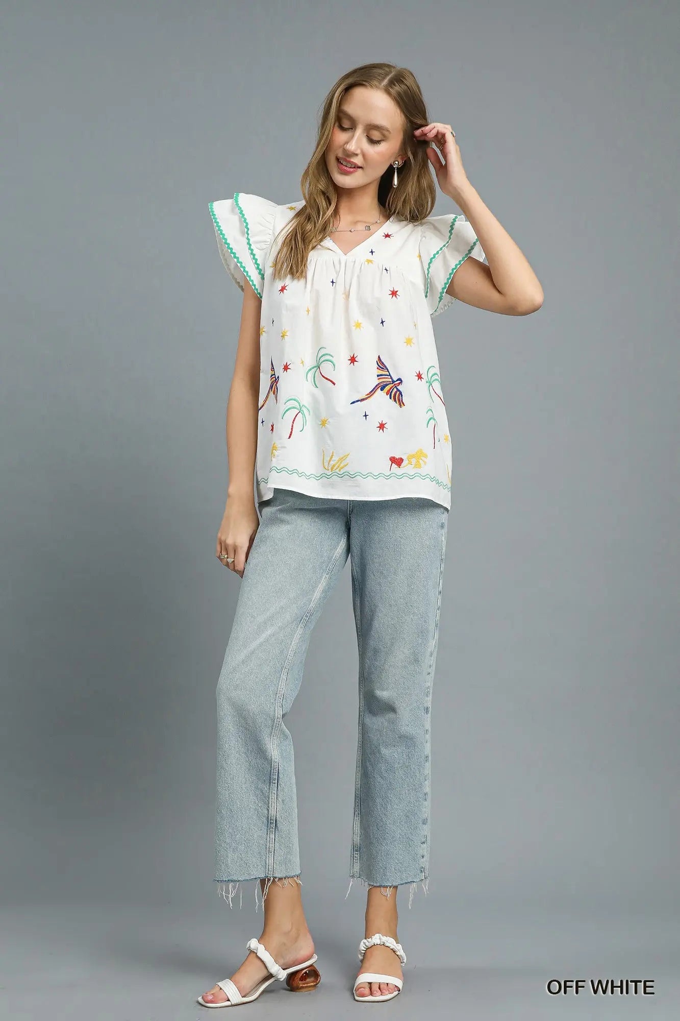 Tropical Embroidered Flutter Cotton Top *preorder*