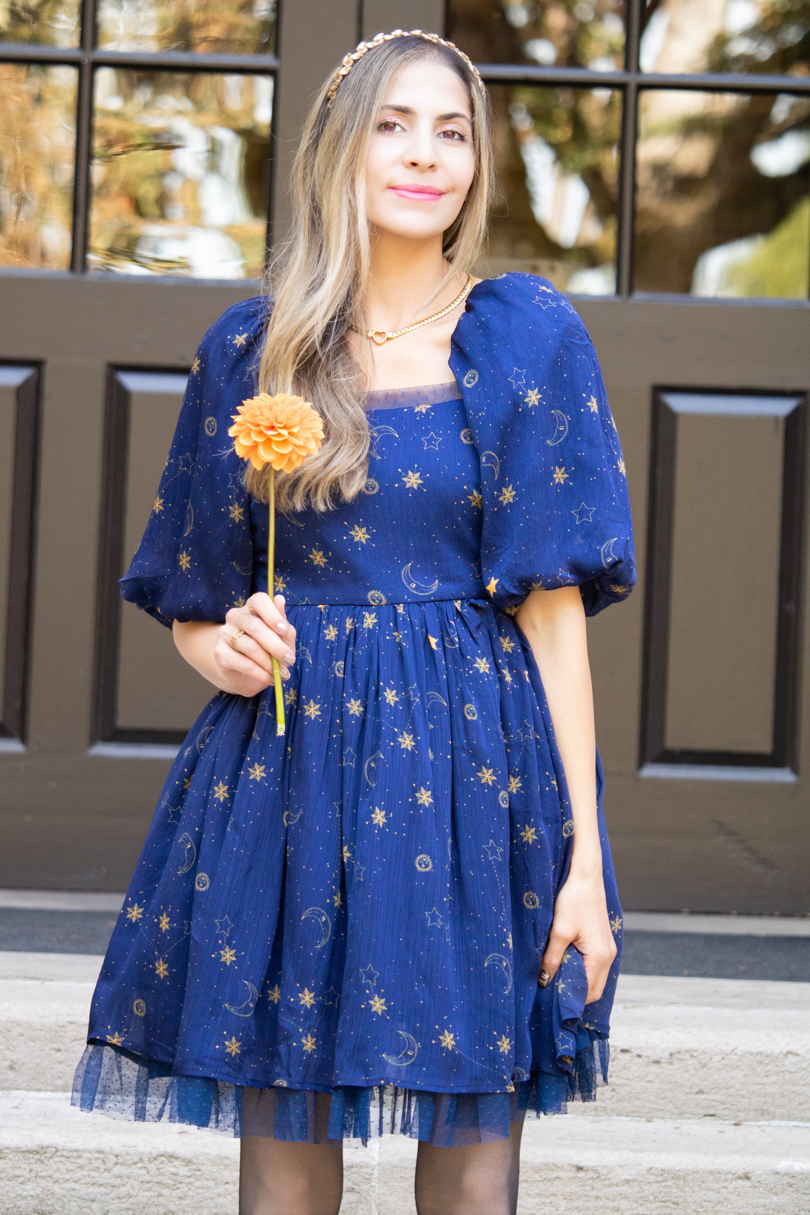 A young woman stands outdoors in front of a dark brown paneled door, wearing a royal blue tulle dress with a gold star pattern and holding a yellow-orange dandelion.