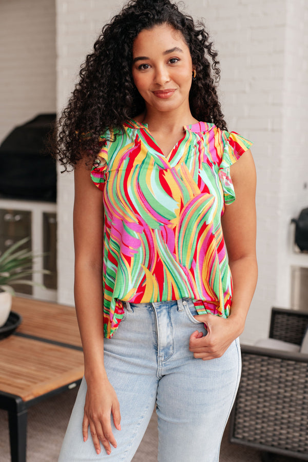 Free Hand Art Sleeve Top in Green Multi Abstract Stripe