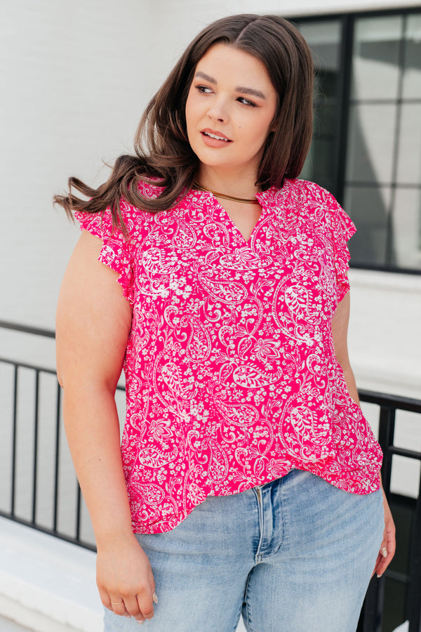 Mosaic Flutter Sleeve Top in Hot Pink and White Floral
