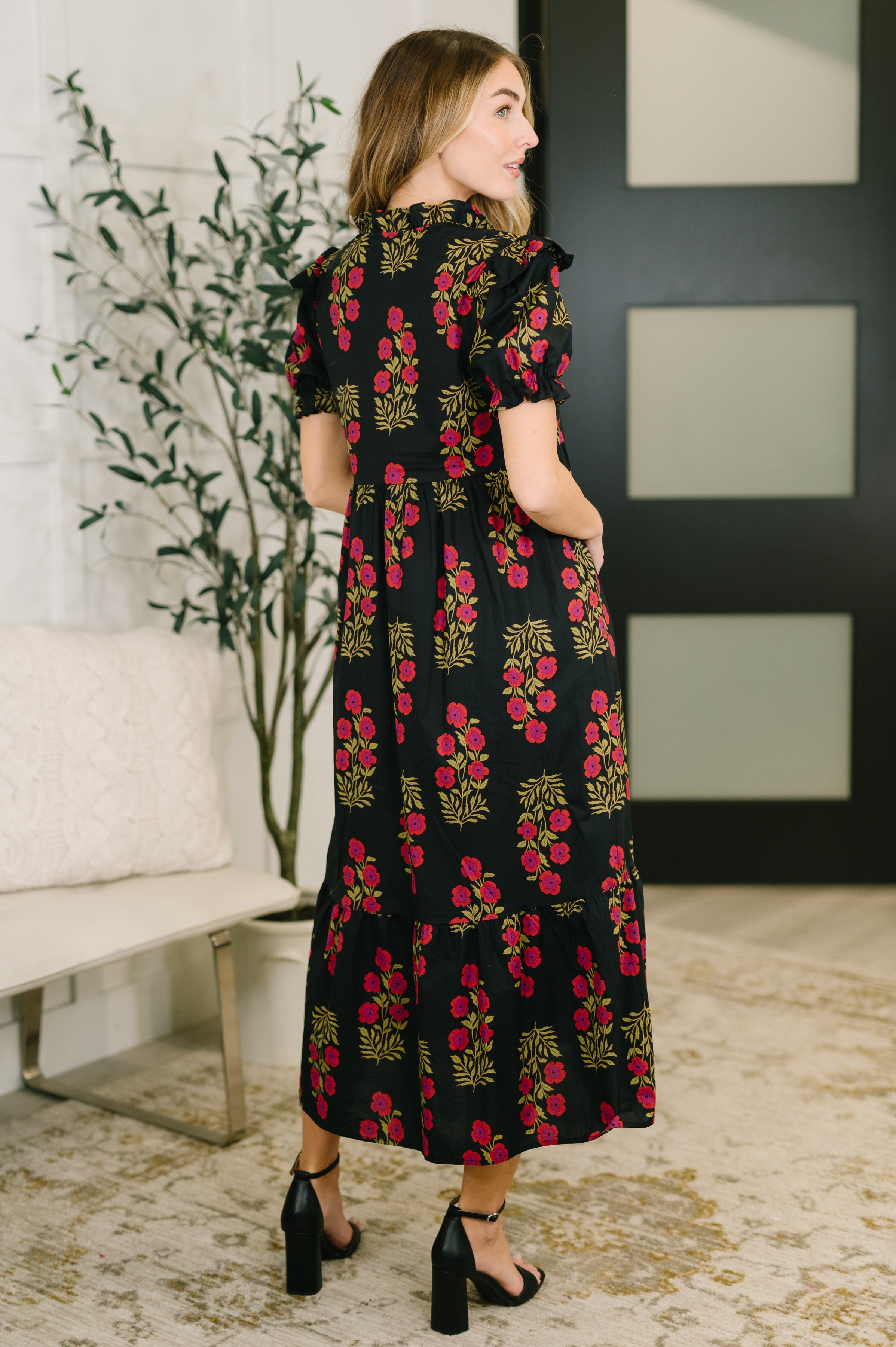 Quiet Life Notch Neck Tiered Cotton Dress in Black