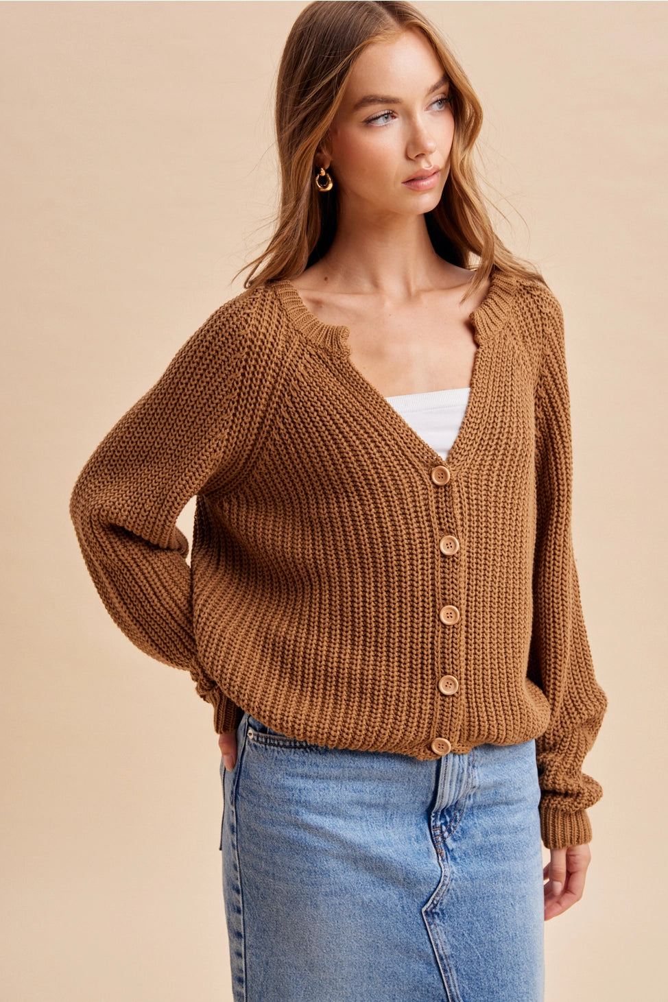 Autumn Harvest Chunky Knit Cotton Cardigan in Carmel