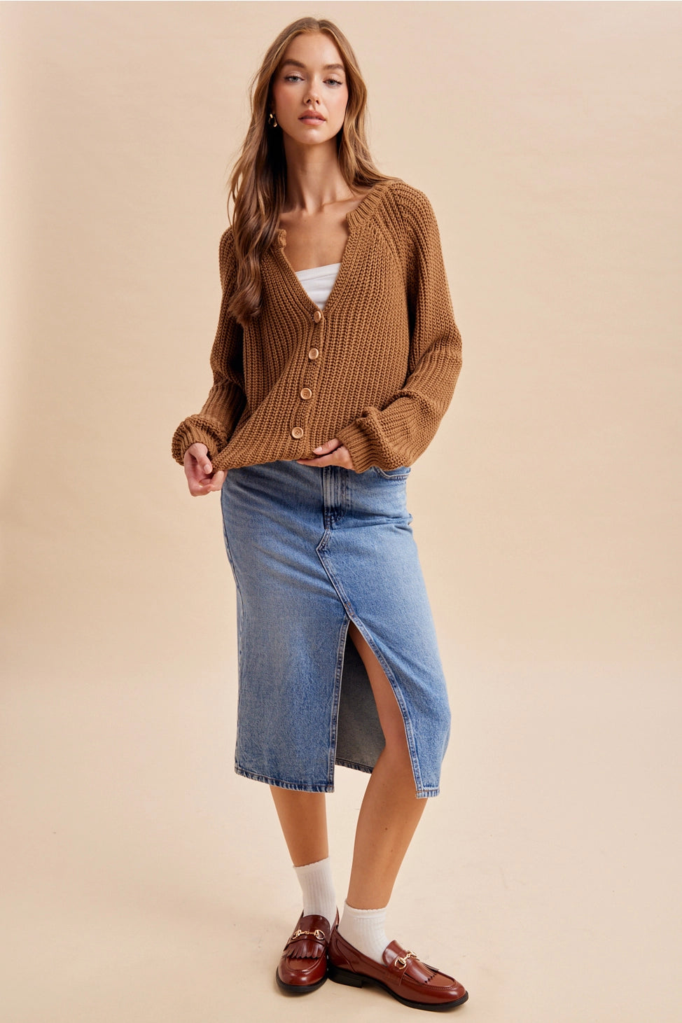 Autumn Harvest Chunky Knit Cotton Cardigan in Carmel