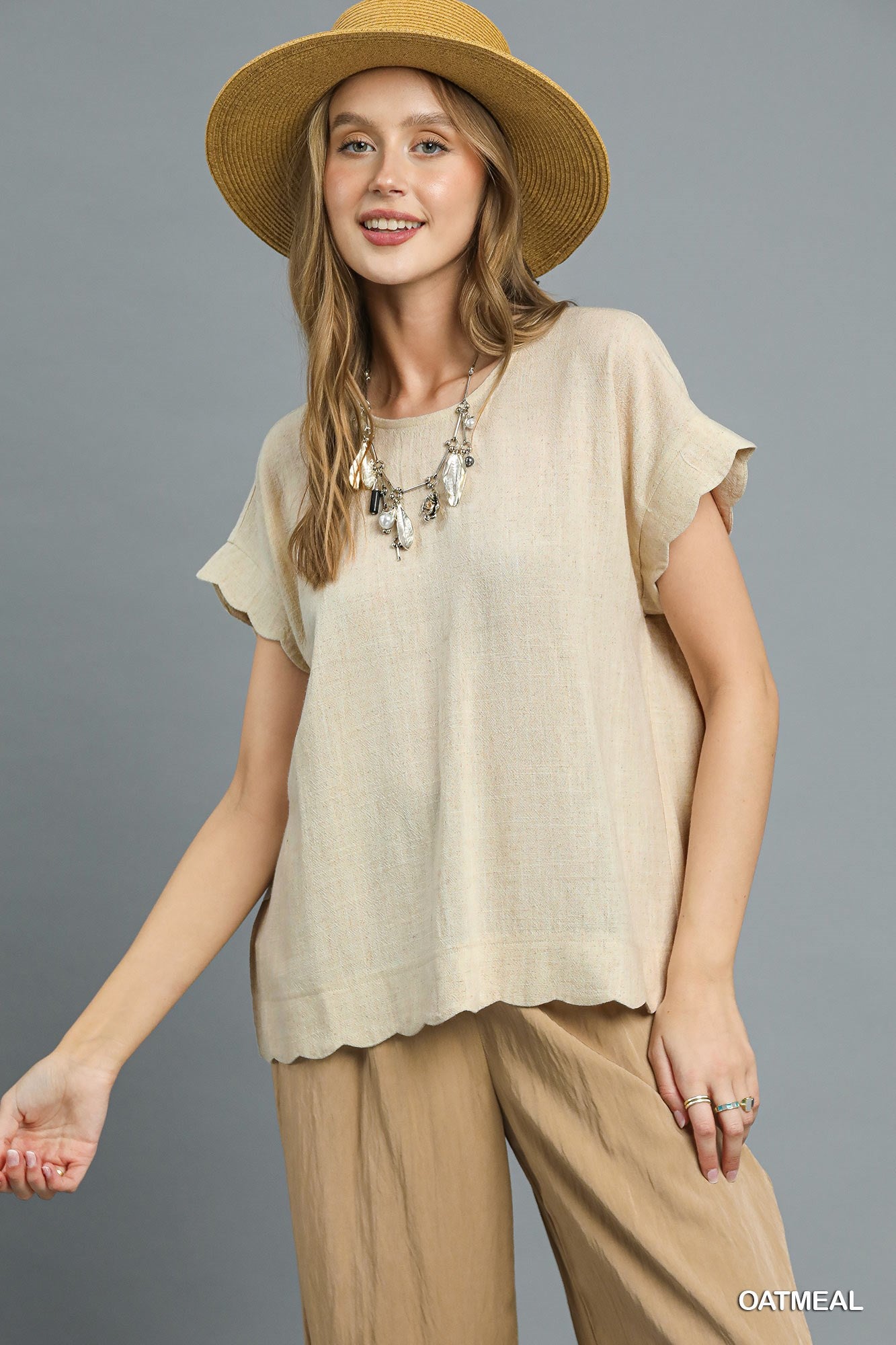 Falling For You Scalloped Linen Blouse in Vanilla