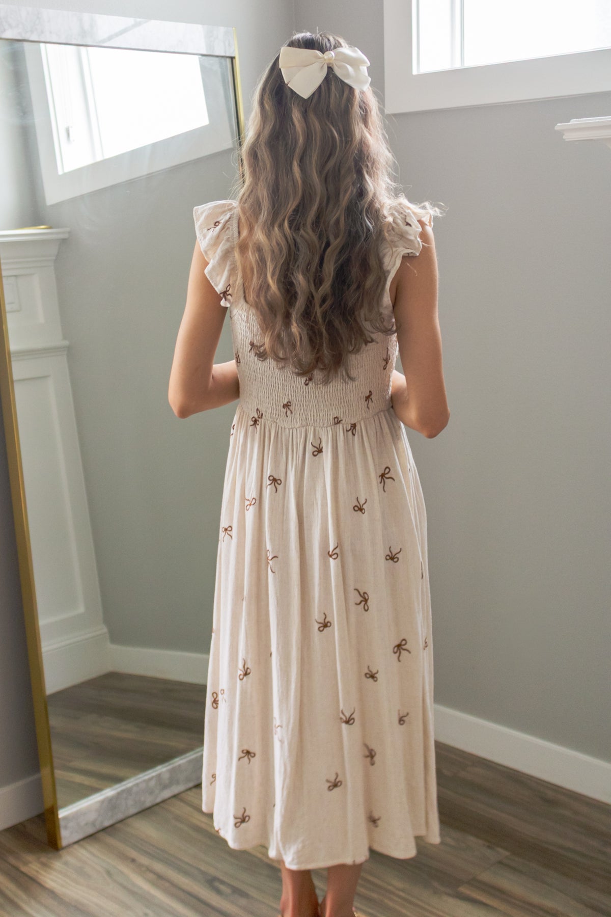 Secret Diary Linen Bow Midi Dress in Beige