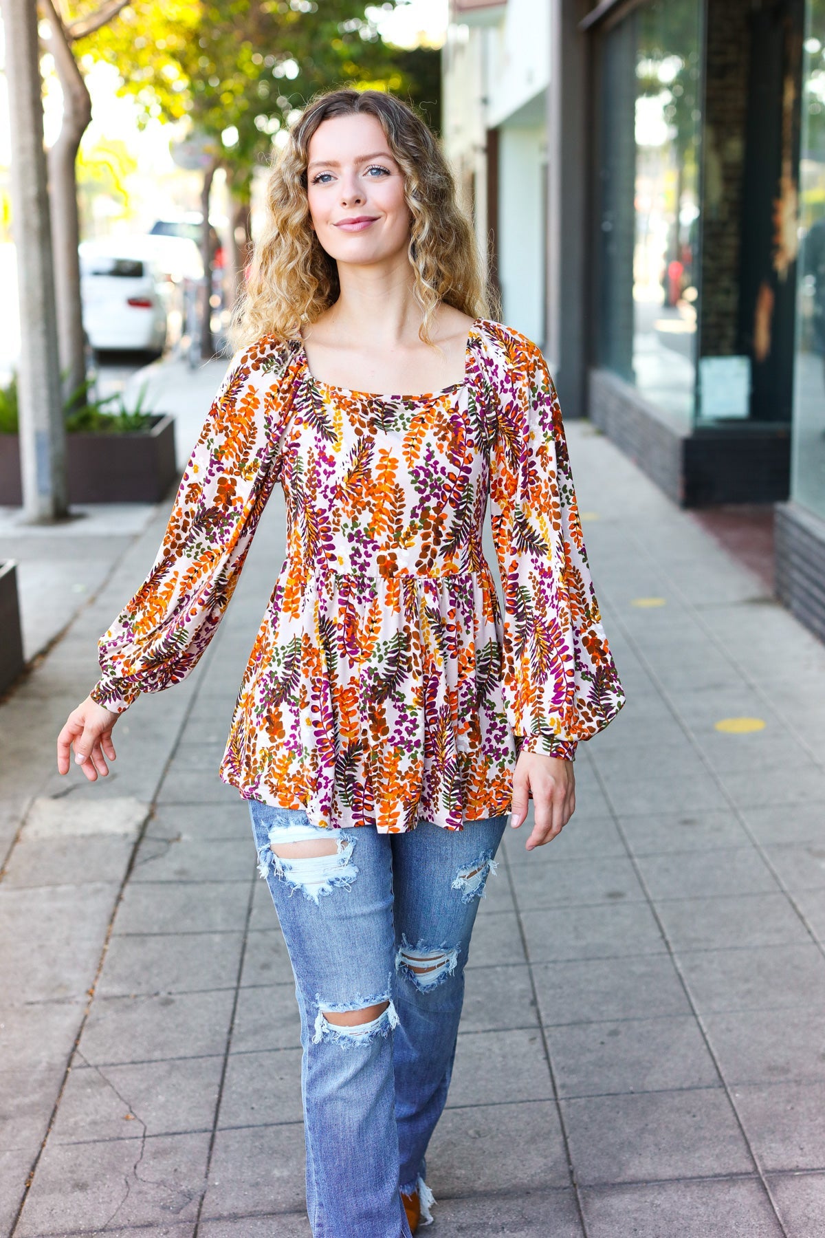 Rust Floral Print Babydoll Top