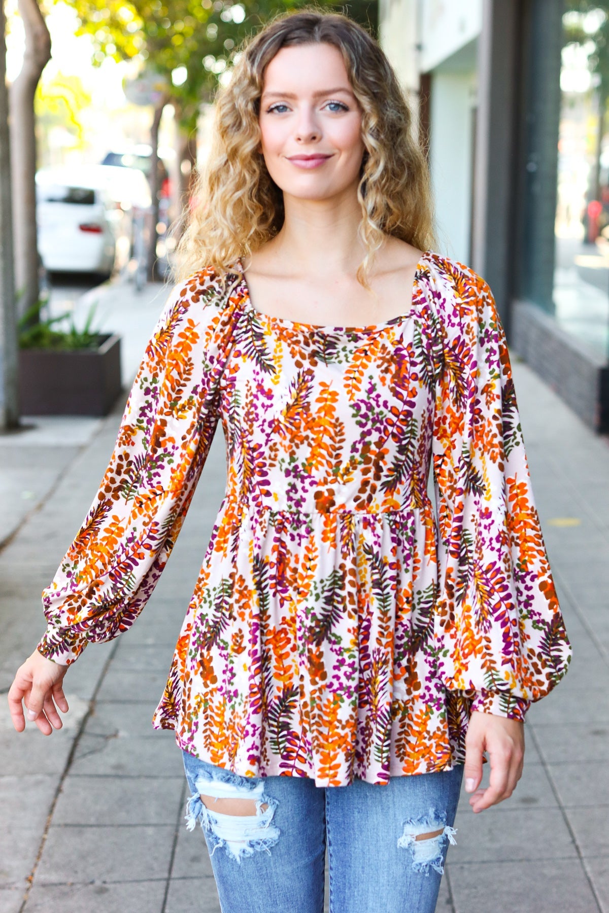 Rust Floral Print Babydoll Top