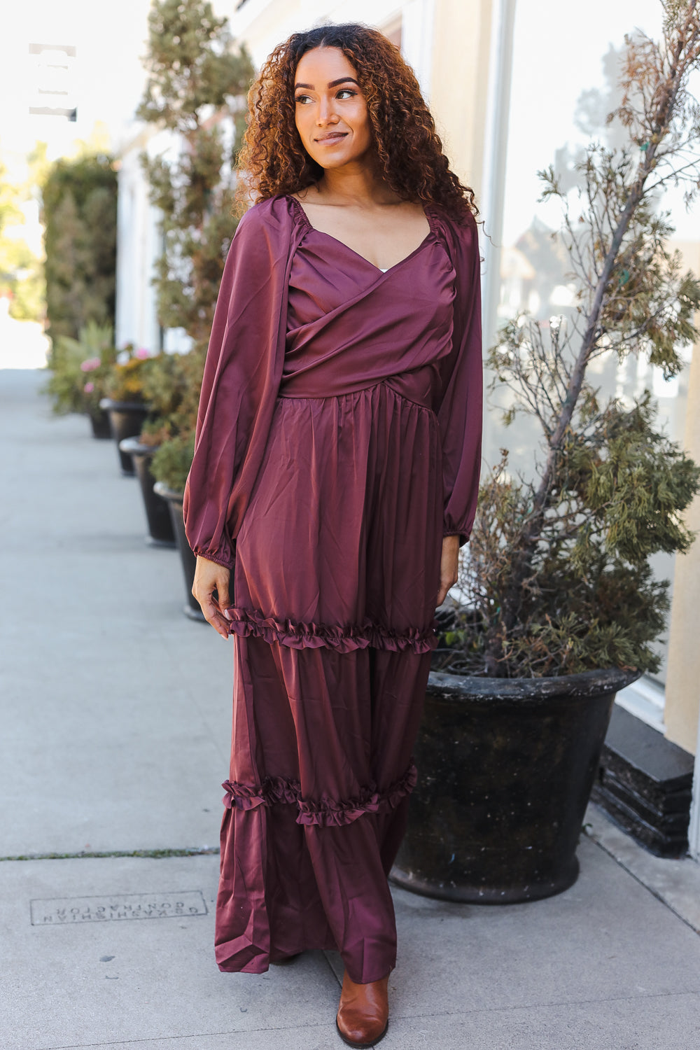 Goddess Holiday Vibes Wine Satin Front Overlap Smocked Back Maxi Dress