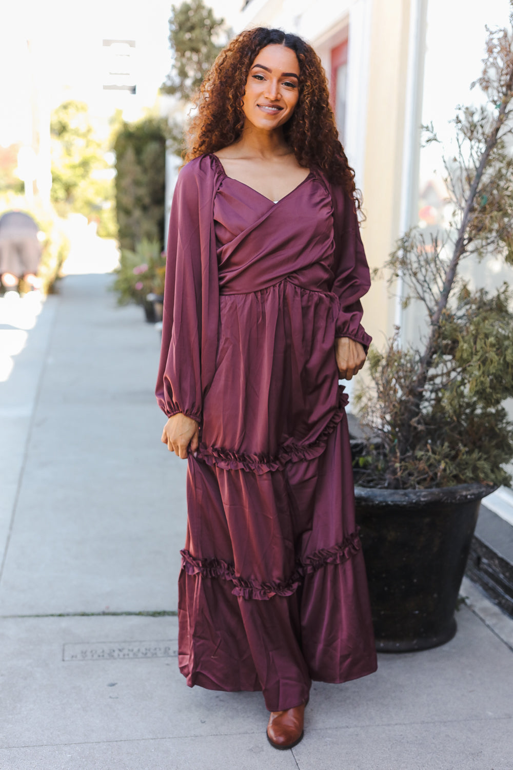 Goddess Holiday Vibes Wine Satin Front Overlap Smocked Back Maxi Dress