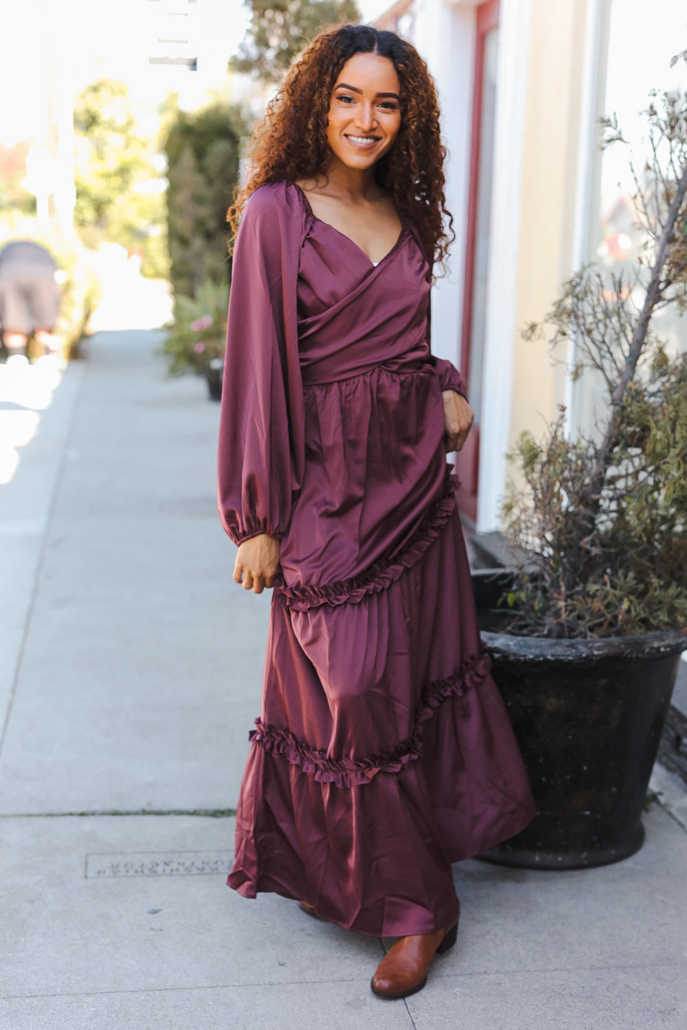 Goddess Holiday Vibes Wine Satin Front Overlap Smocked Back Maxi Dress