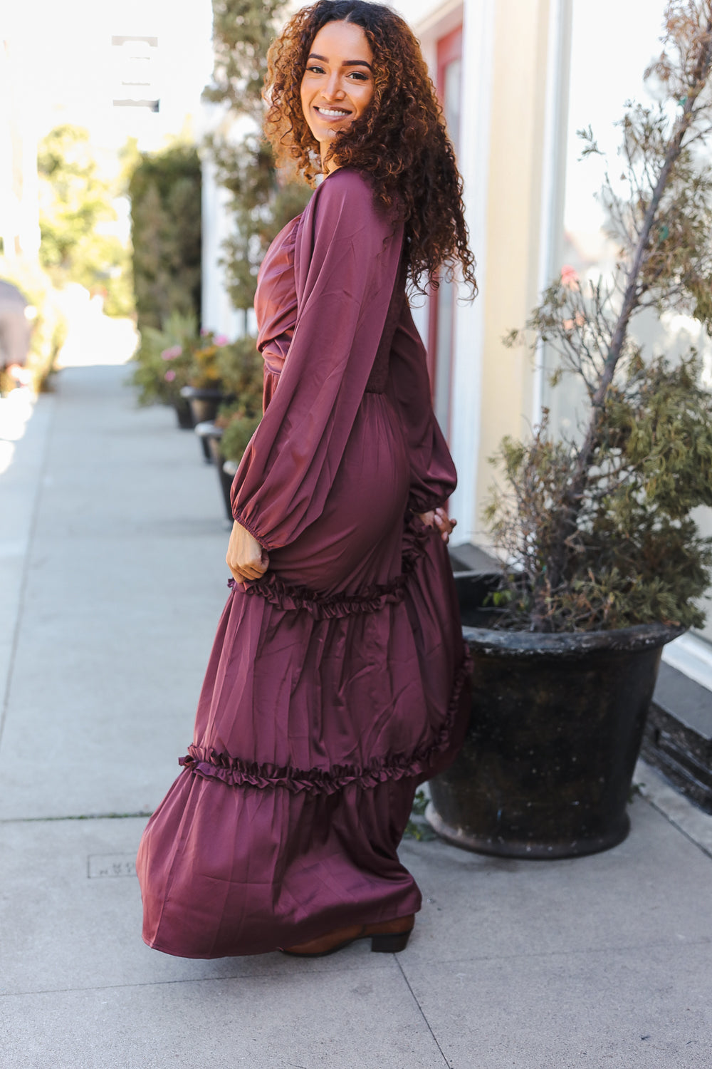 Goddess Holiday Vibes Wine Satin Front Overlap Smocked Back Maxi Dress