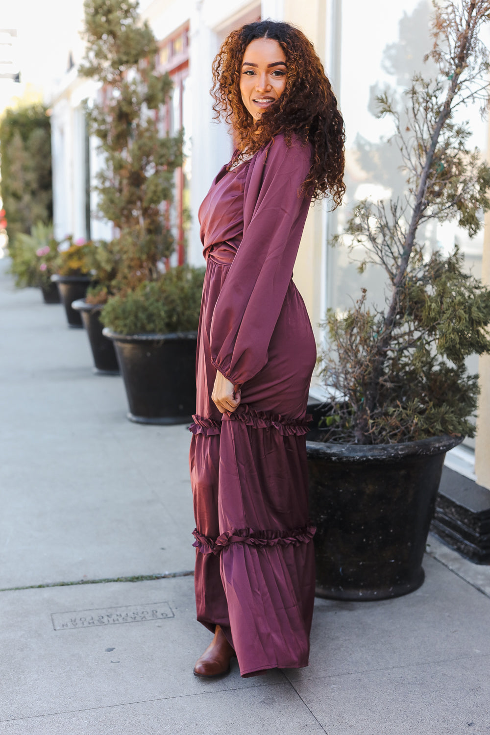 Goddess Holiday Vibes Wine Satin Front Overlap Smocked Back Maxi Dress