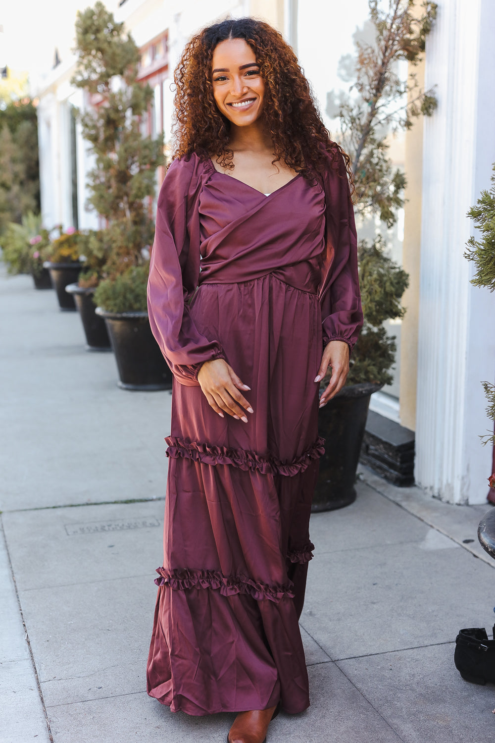 Goddess Holiday Vibes Wine Satin Front Overlap Smocked Back Maxi Dress