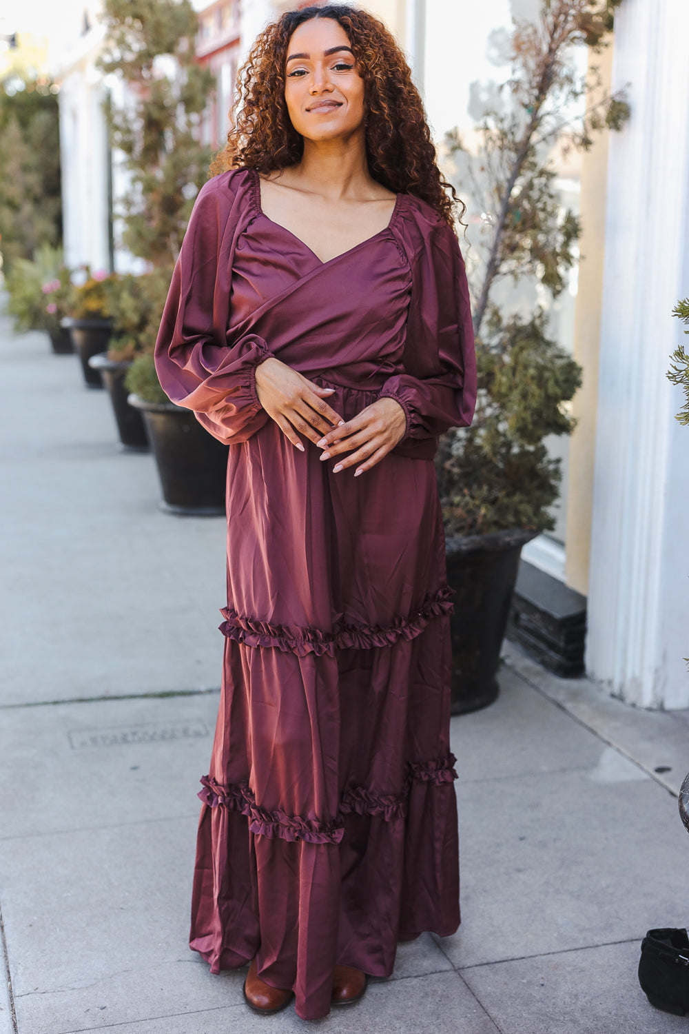 Goddess Holiday Vibes Wine Satin Front Overlap Smocked Back Maxi Dress