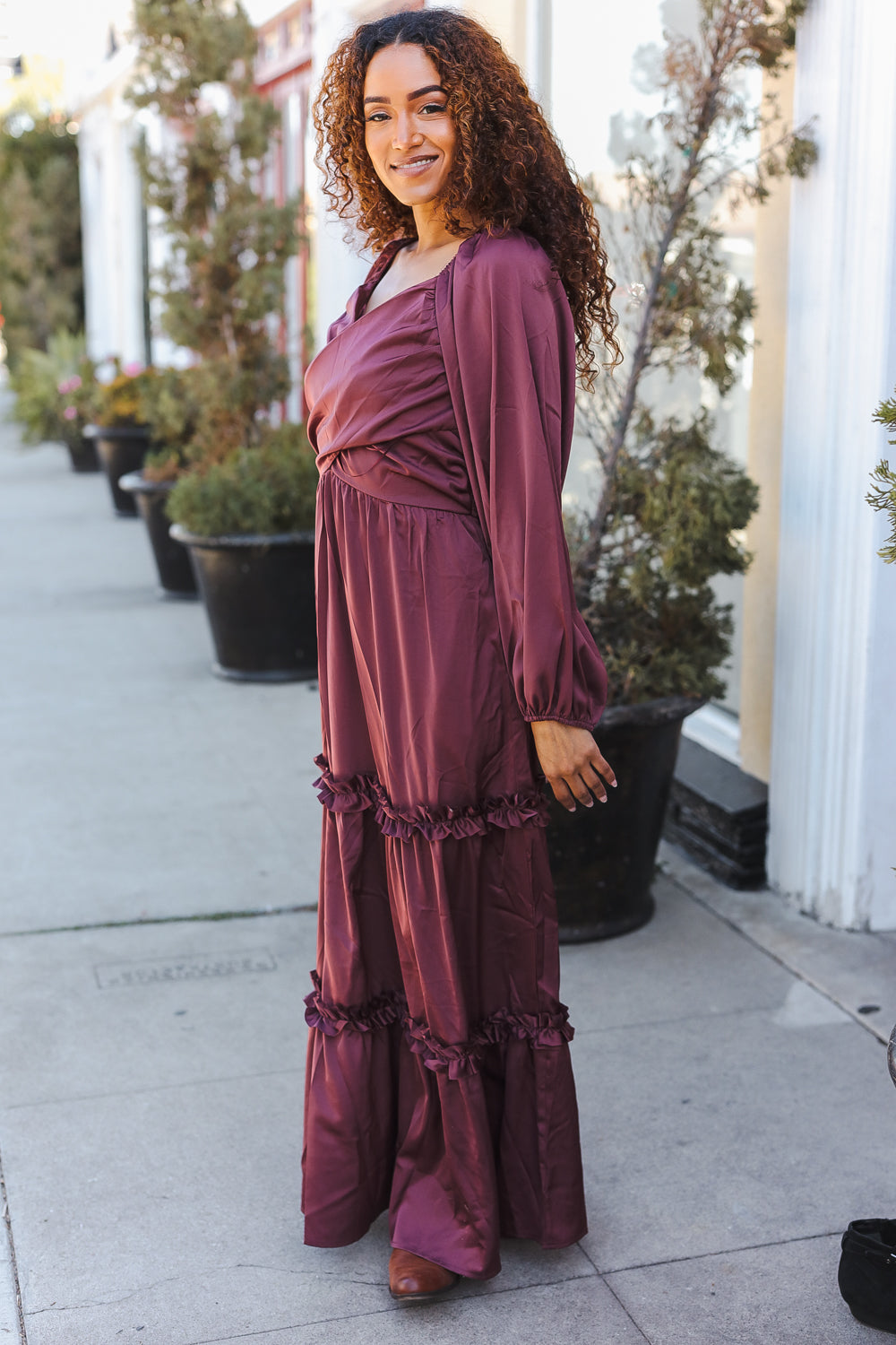 Goddess Holiday Vibes Wine Satin Front Overlap Smocked Back Maxi Dress