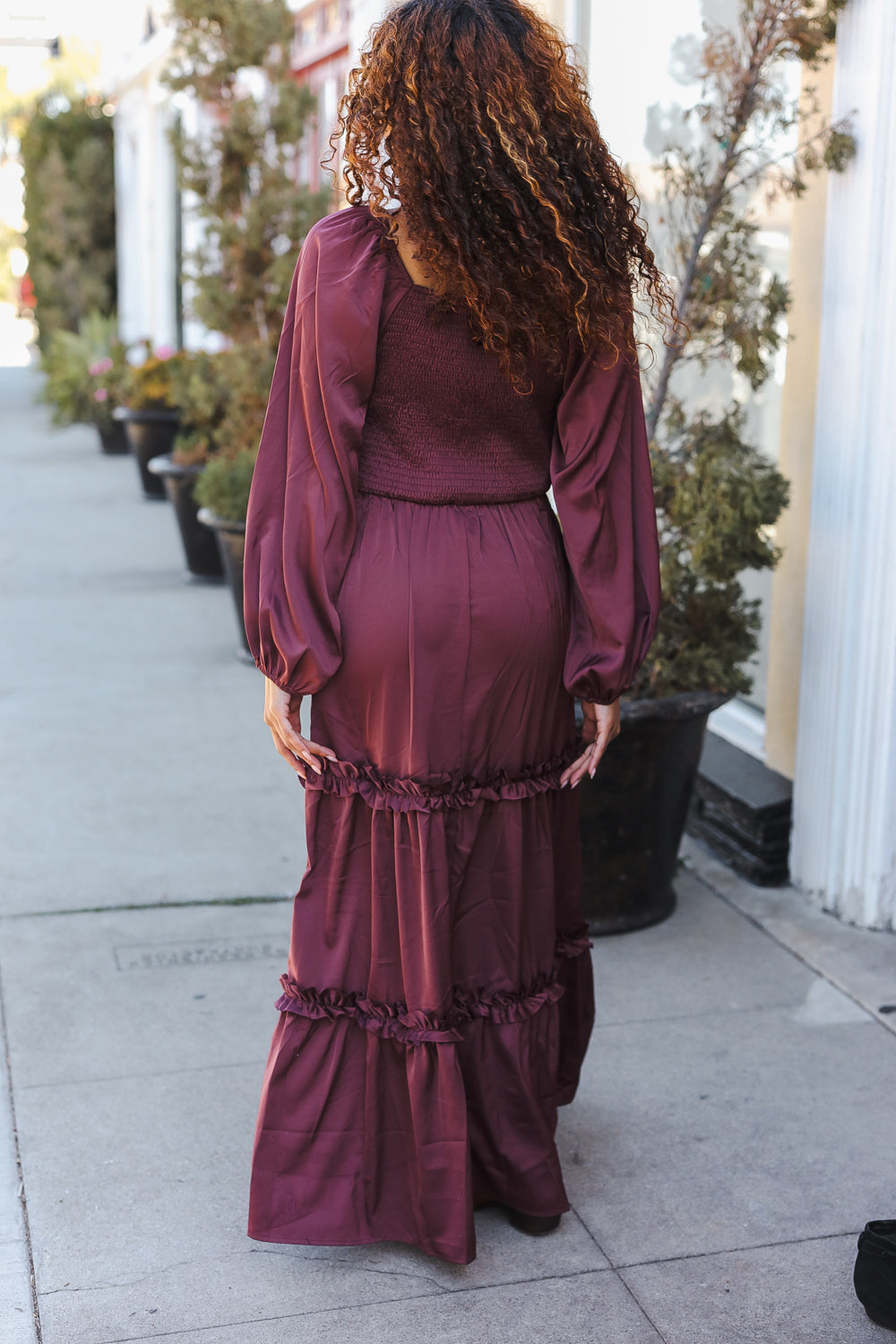 Goddess Holiday Vibes Wine Satin Front Overlap Smocked Back Maxi Dress