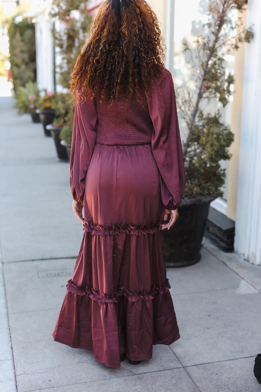 Goddess Holiday Vibes Wine Satin Front Overlap Smocked Back Maxi Dress