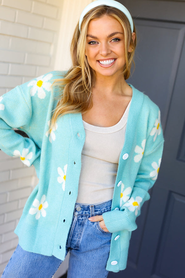 All For Love Mint Daisy Print Button Down Knit Cardigan -SALE-