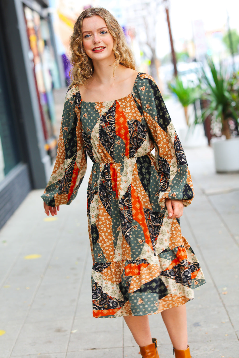 Taupe & Chocolate Boho Patchwork Midi Dress -SALE-